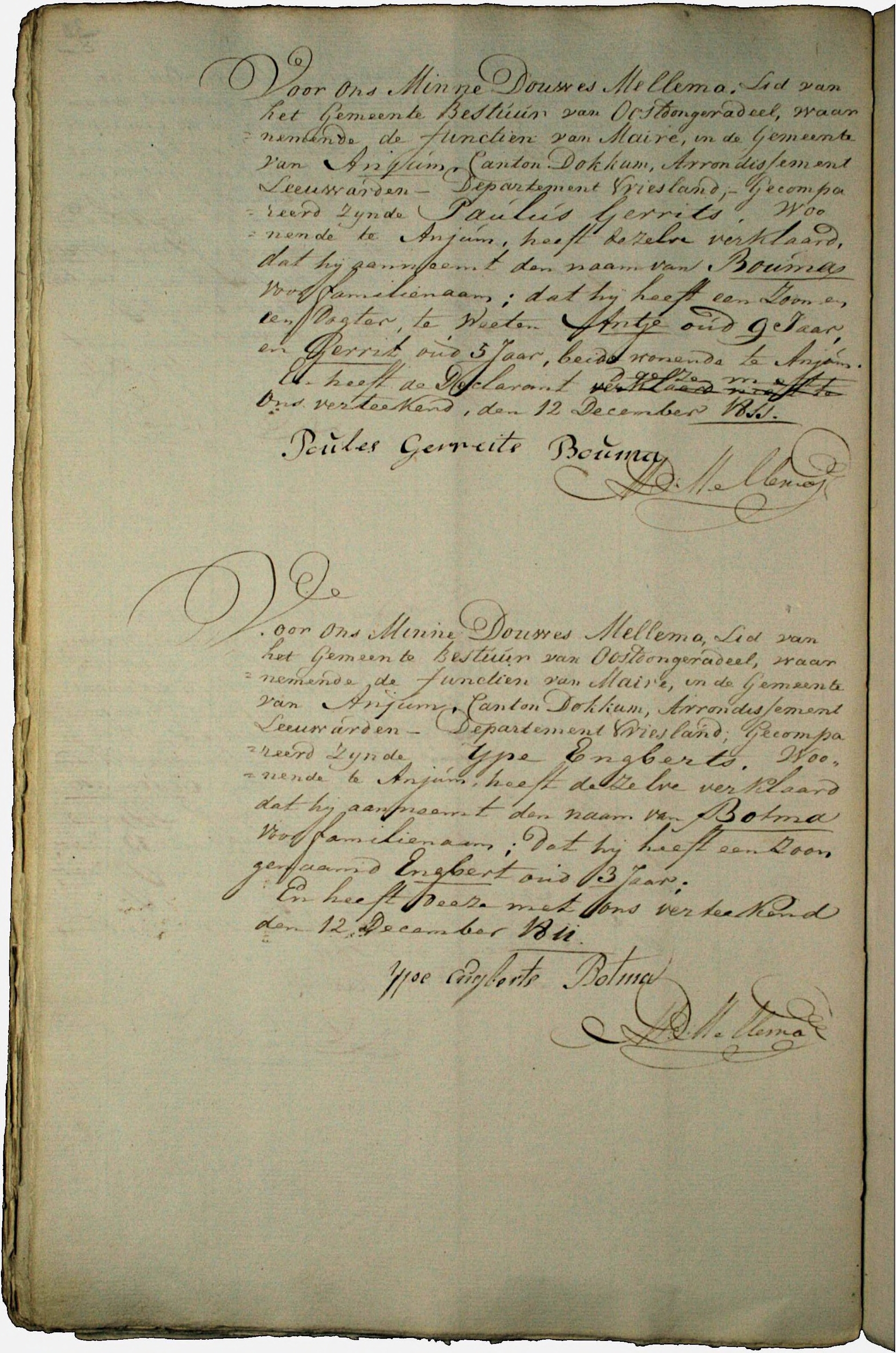 1811 Dutch civil register act: Paulus Gerrits of Anjum declares adoption of the surname Bouma