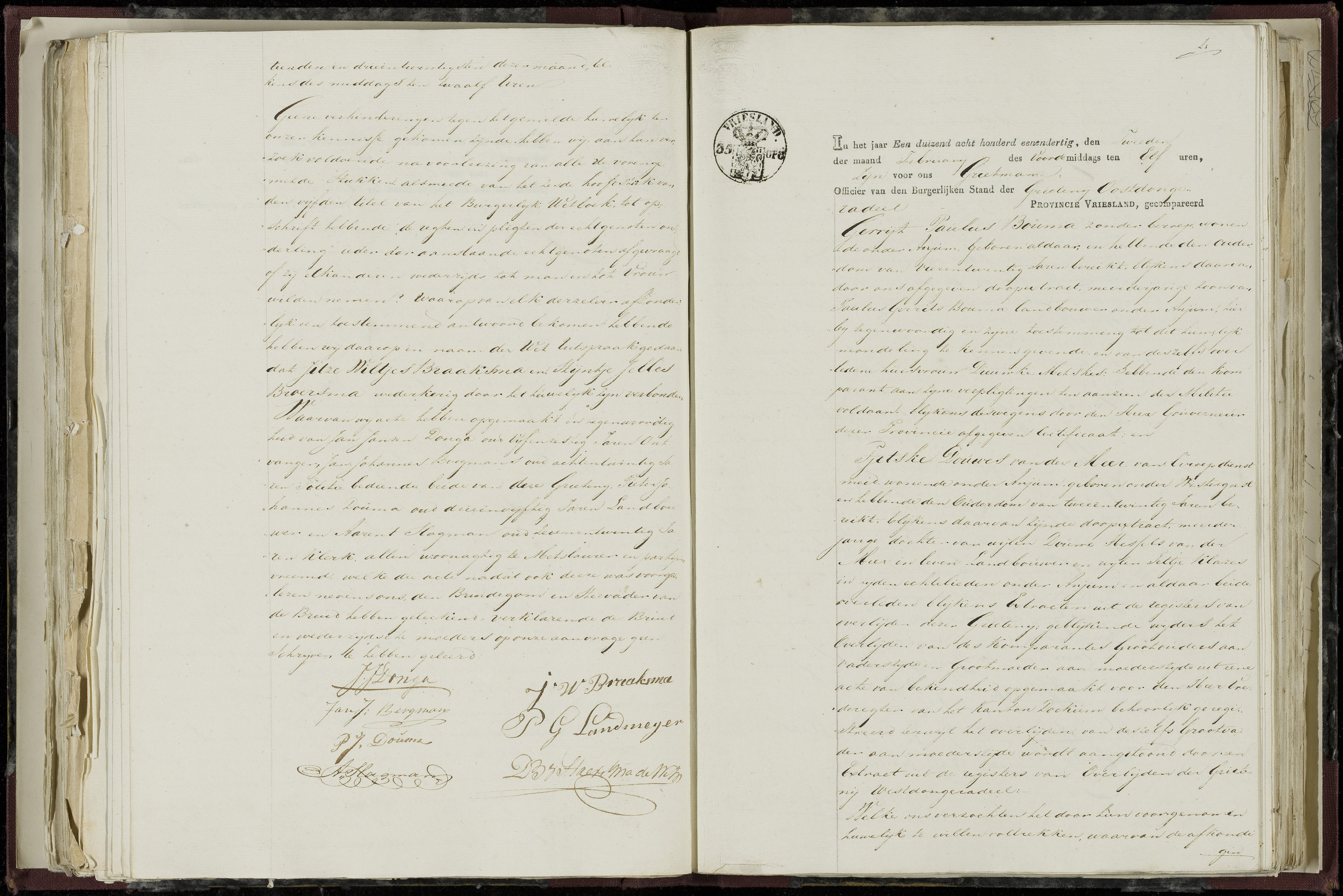 1831 Dutch civil marriage act page, Oostdongeradeel, Gerrit Paulus Bouma and Tjetske Douwes van der Meer