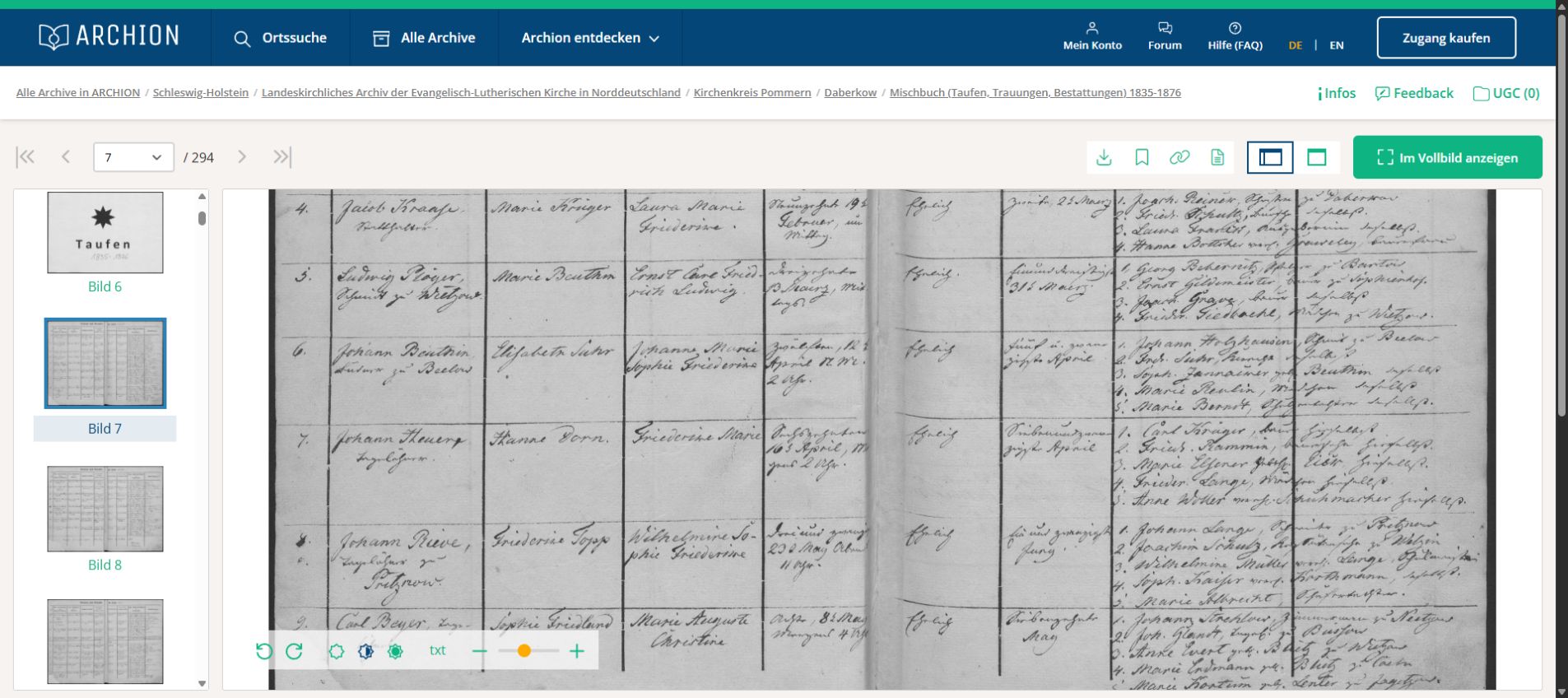 Archion viewer screenshot of Daberkow baptism book page, 1835 row