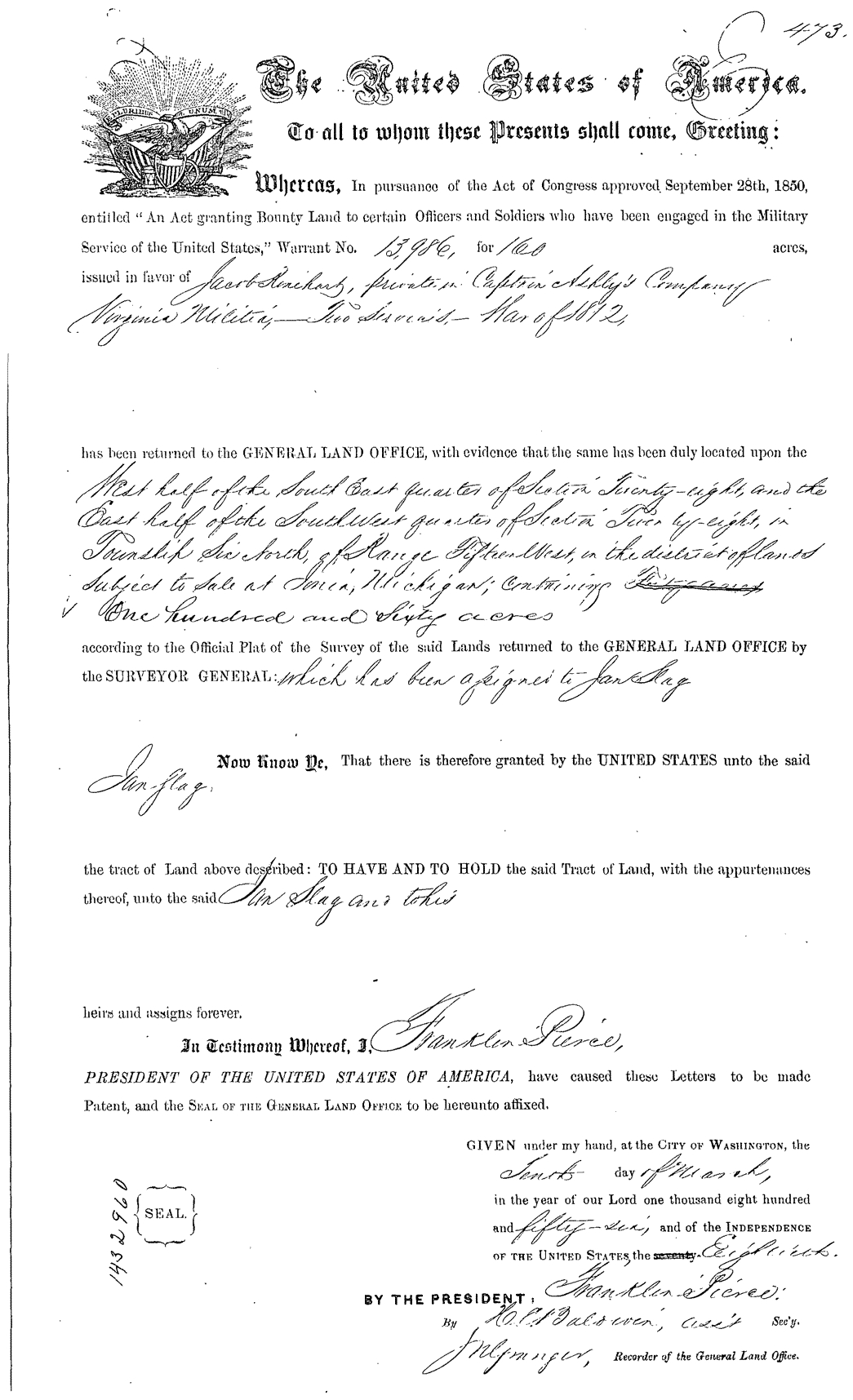 US federal land patent (bounty land warrant 13986) for Jan Slag, Michigan, signed by President Pierce