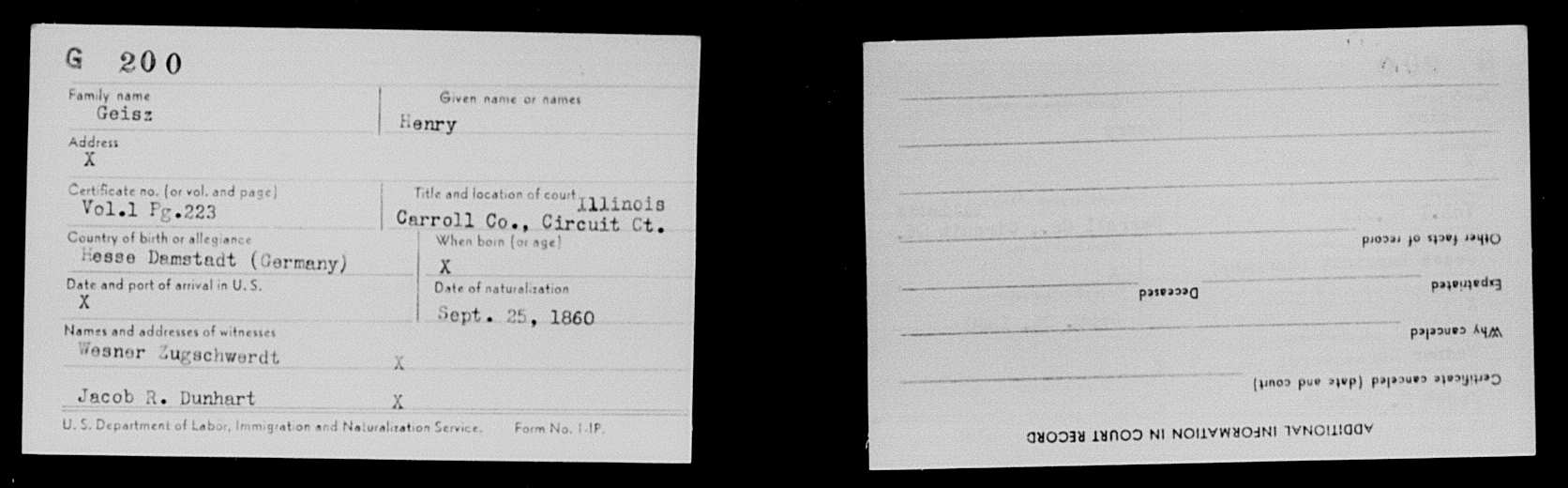 Naturalization record card for Henry Geisz, Carroll County Illinois, 1860