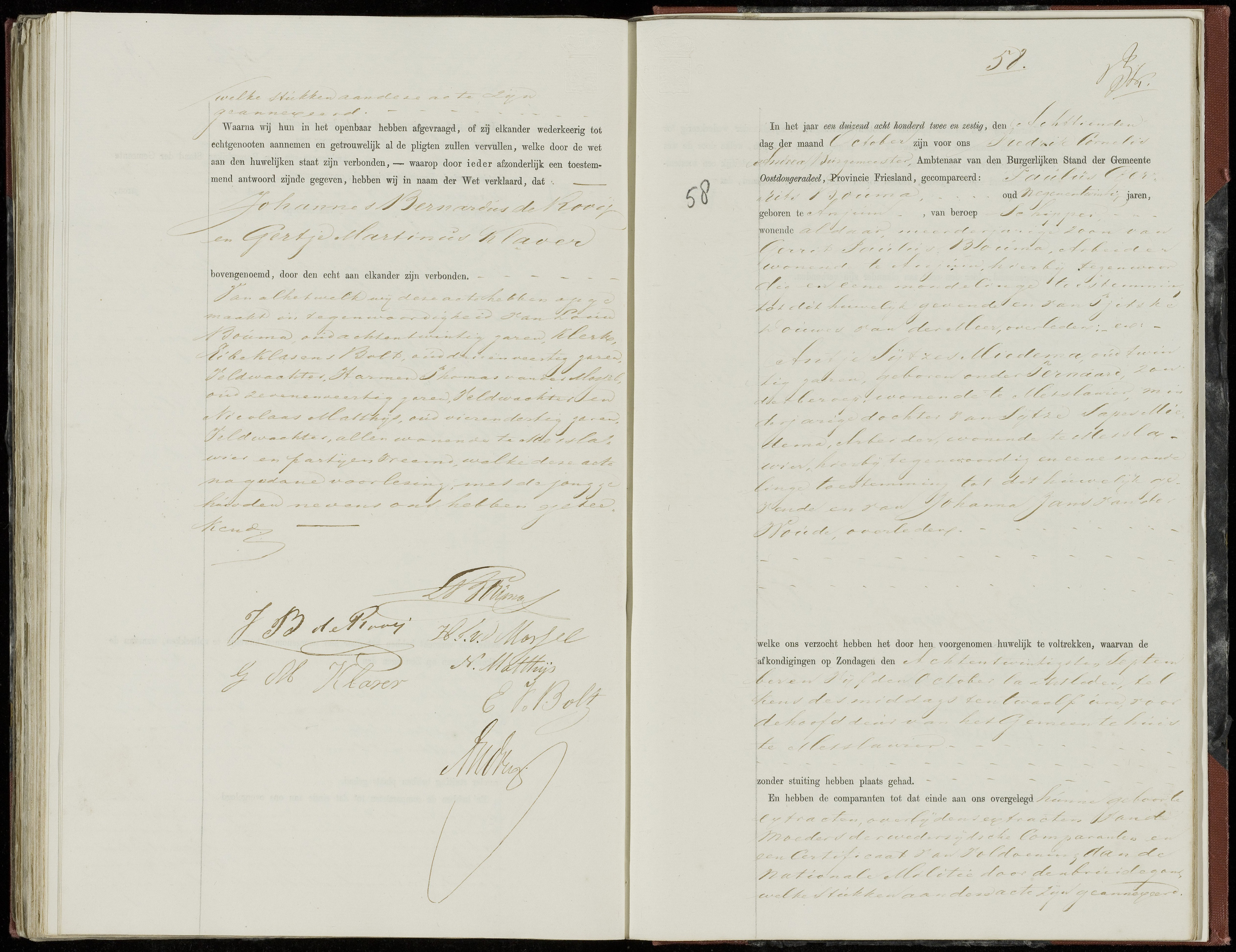 1862 Dutch civil marriage act, Gerrit Paulus Bouma and Antje Sytzes Miedema, Oostdongeradeel