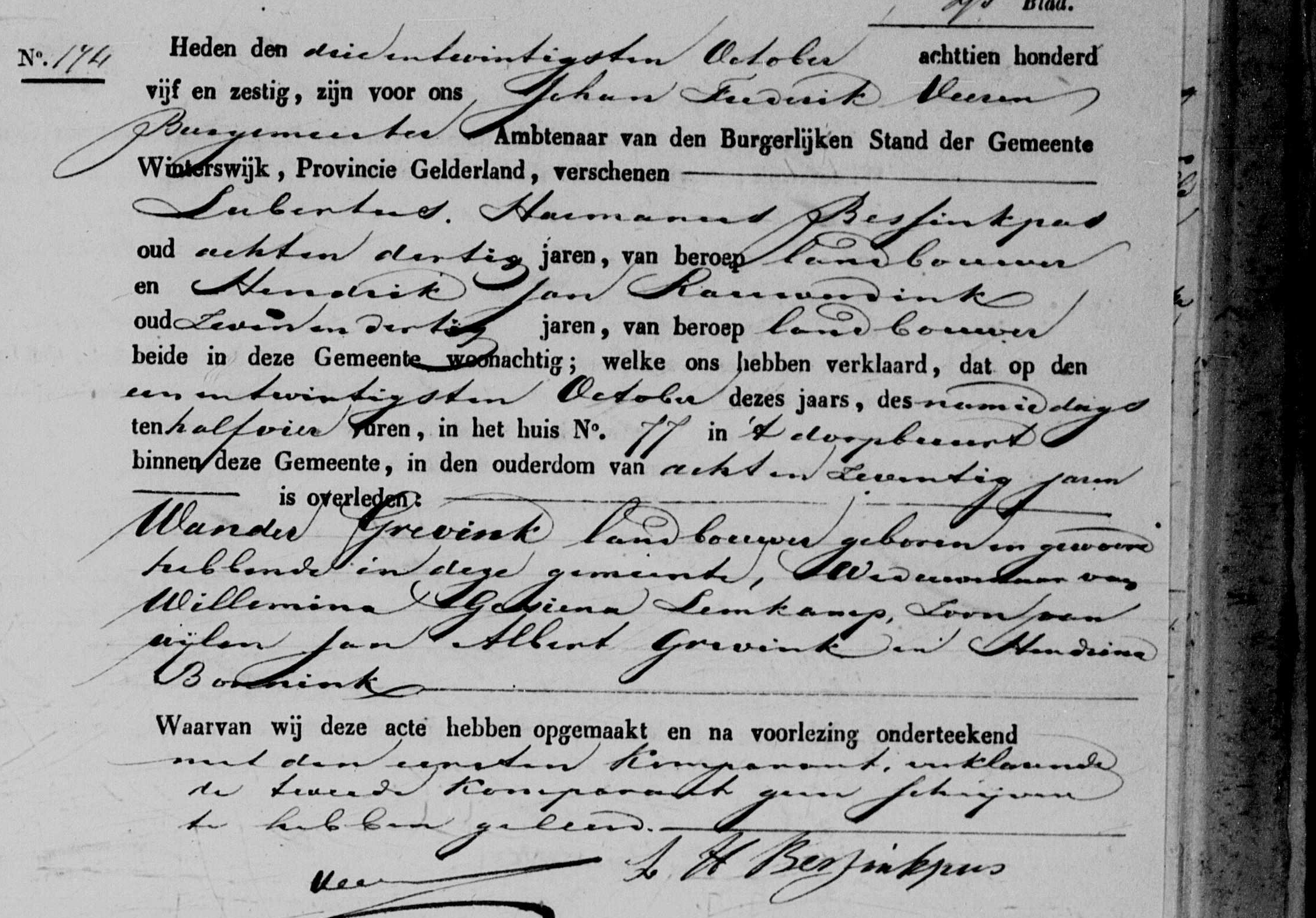 1865 Winterswijk civil death act No. 174, Wander Grevink, widower of Willemina Gesina Lemkamp