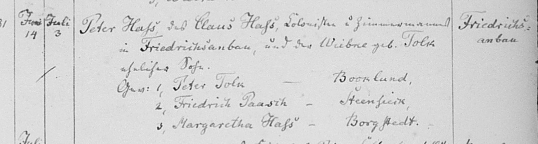 Handwritten church baptism entry (1870) for Peter Hass, Friedrichsanbau near Kropp
