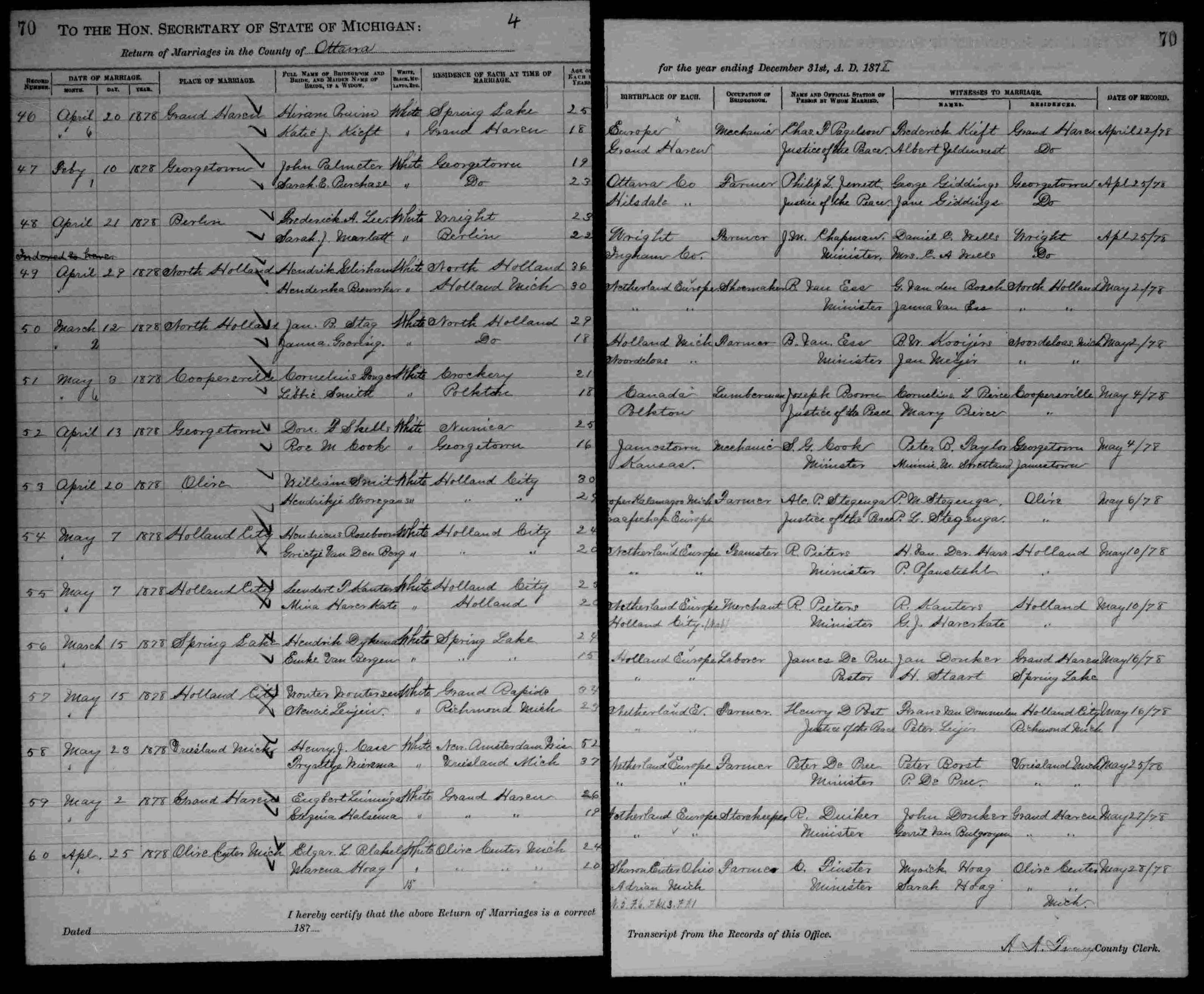 Ottawa County marriage return page 70, 1878, including Jan B. Slag and Janna Greving