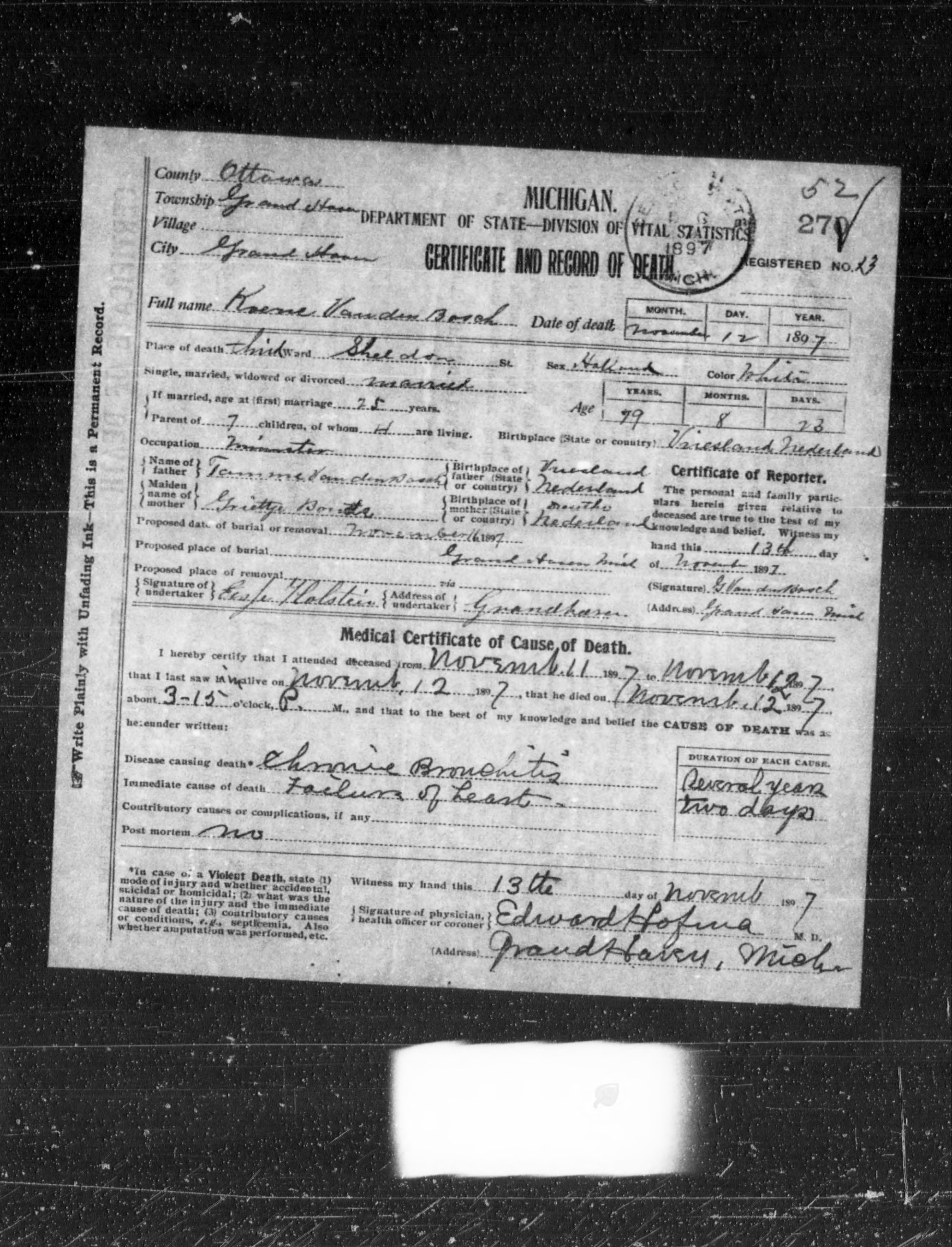 Michigan death certificate of Koene Vanden Bosch, Grand Haven, Ottawa County, 1897