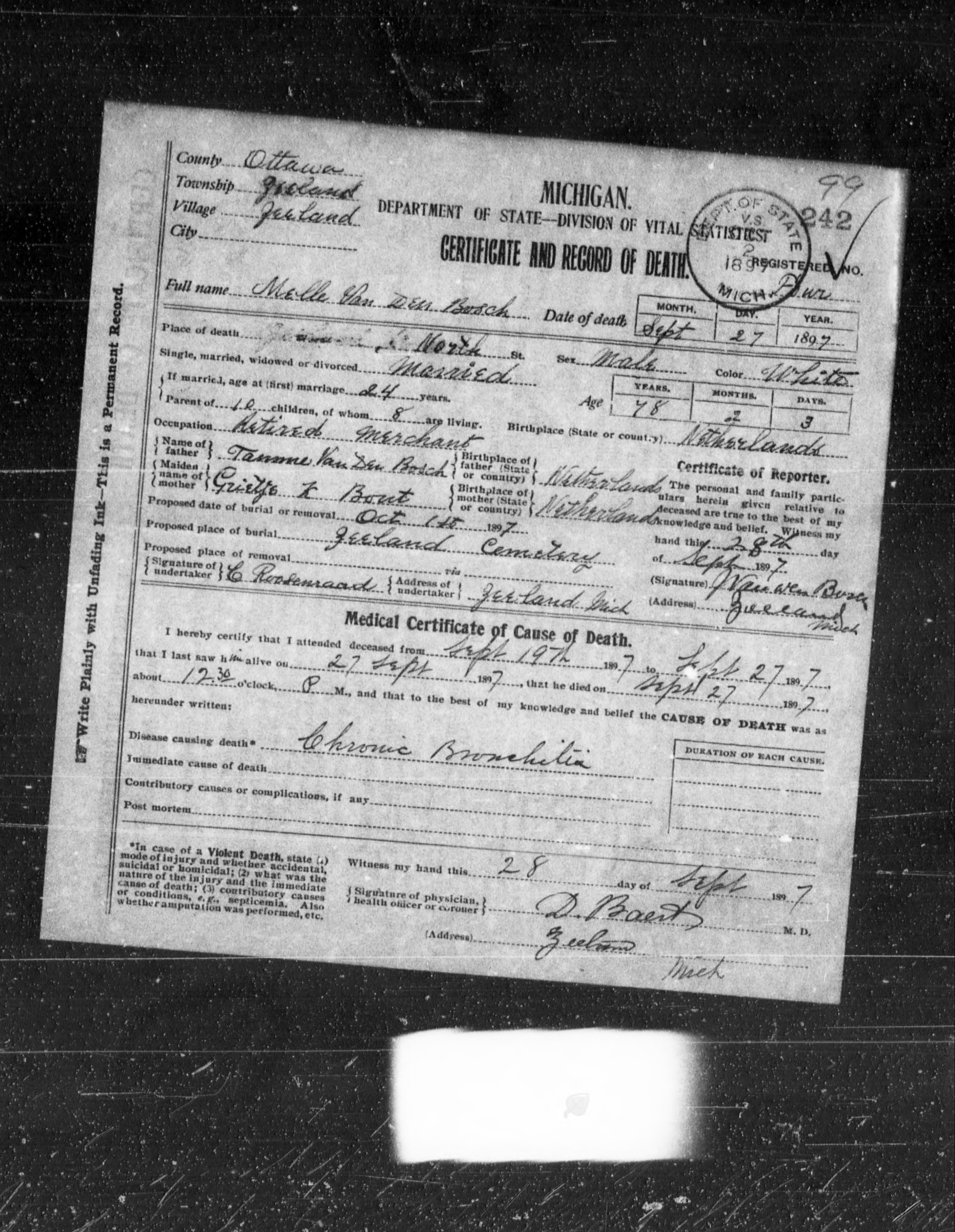 Michigan death certificate of Melle Van Den Bosch, Jeisland village, Ottawa County, 1897