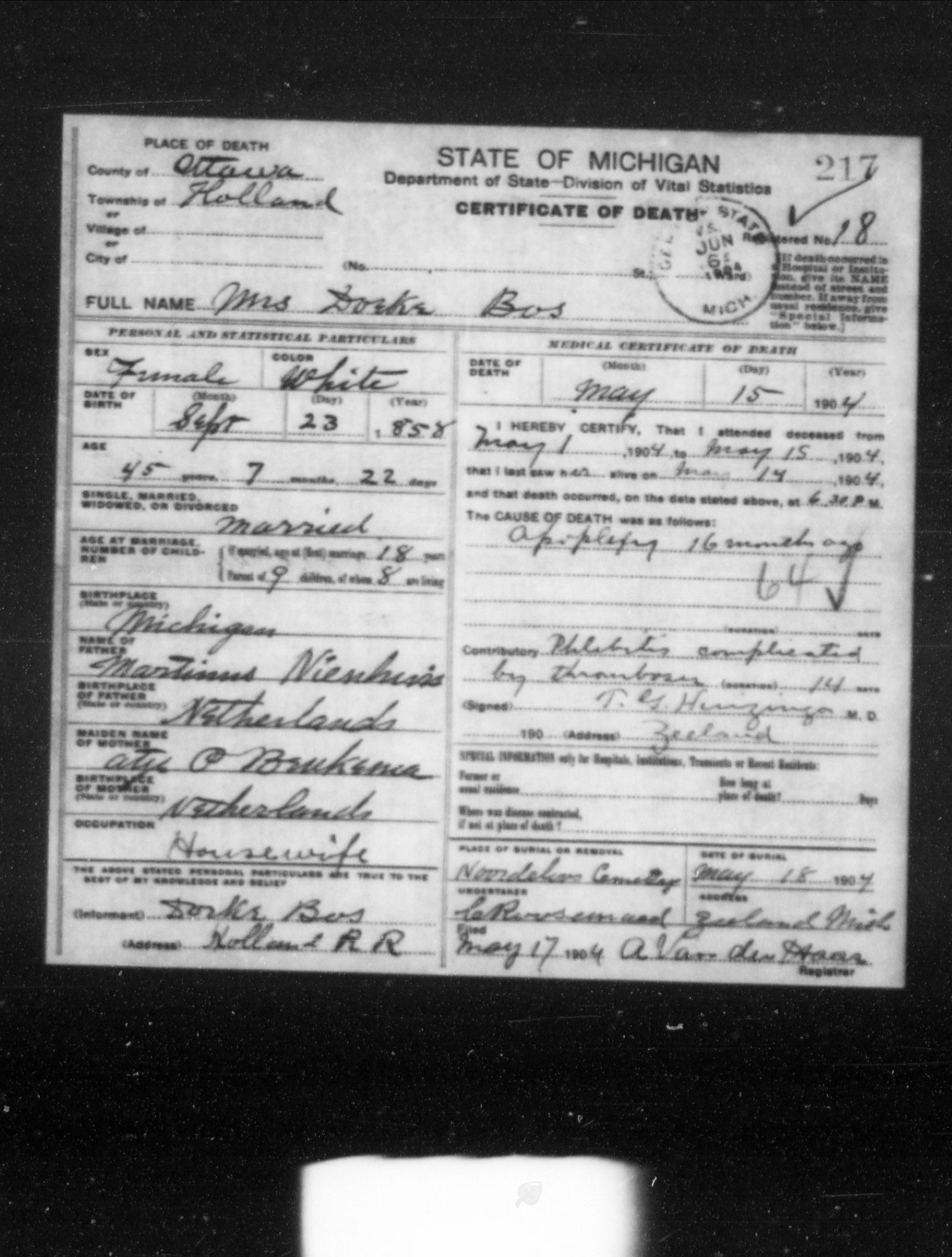 Michigan death certificate of Mrs. Doeke Bos, Holland Township, Ottawa County, 1904