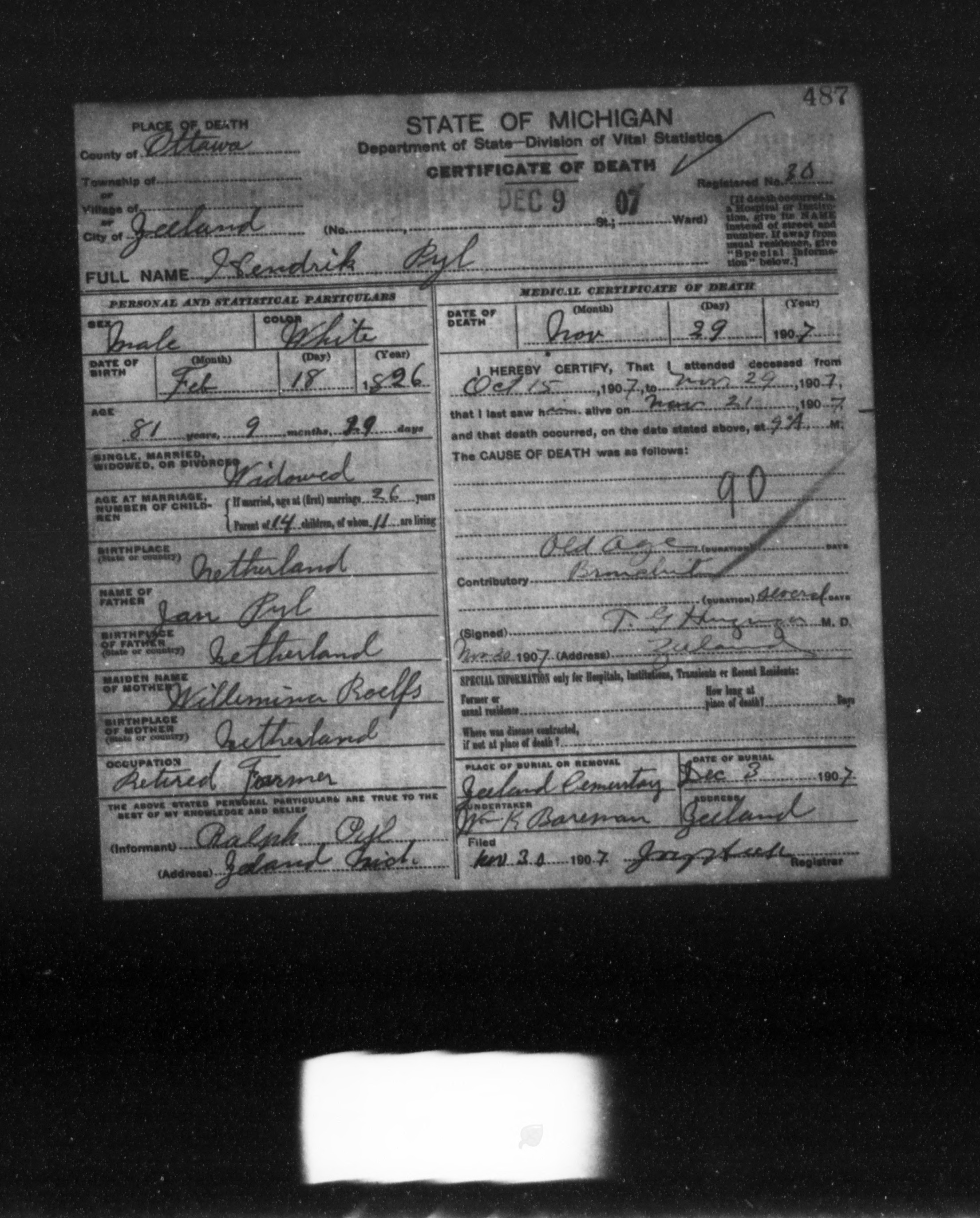Michigan death certificate of Hendrik Pyl, Zeeland, Ottawa County, 1907