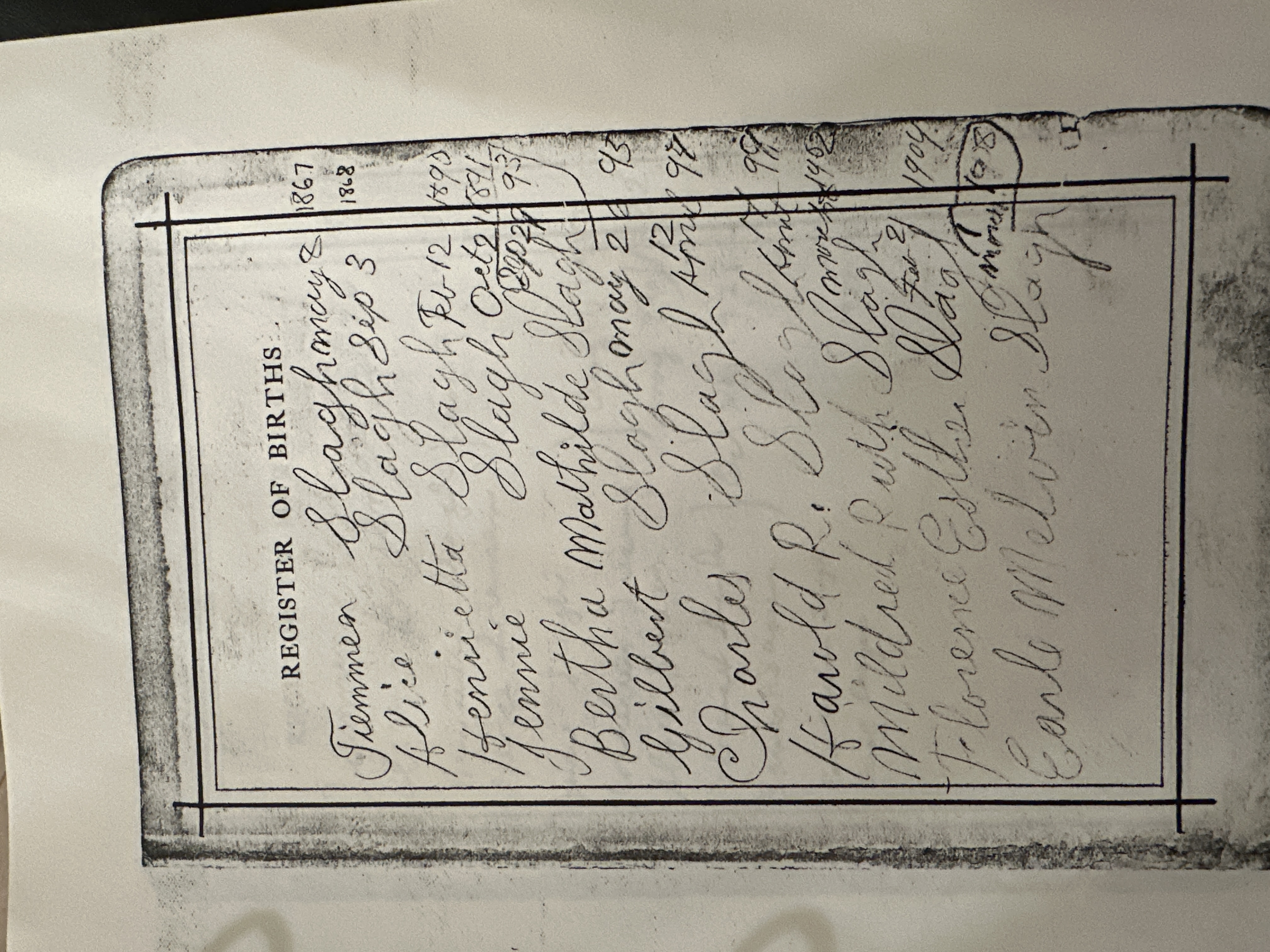 Photocopied family register of births, Tiemen Slagh family, 1867-1908