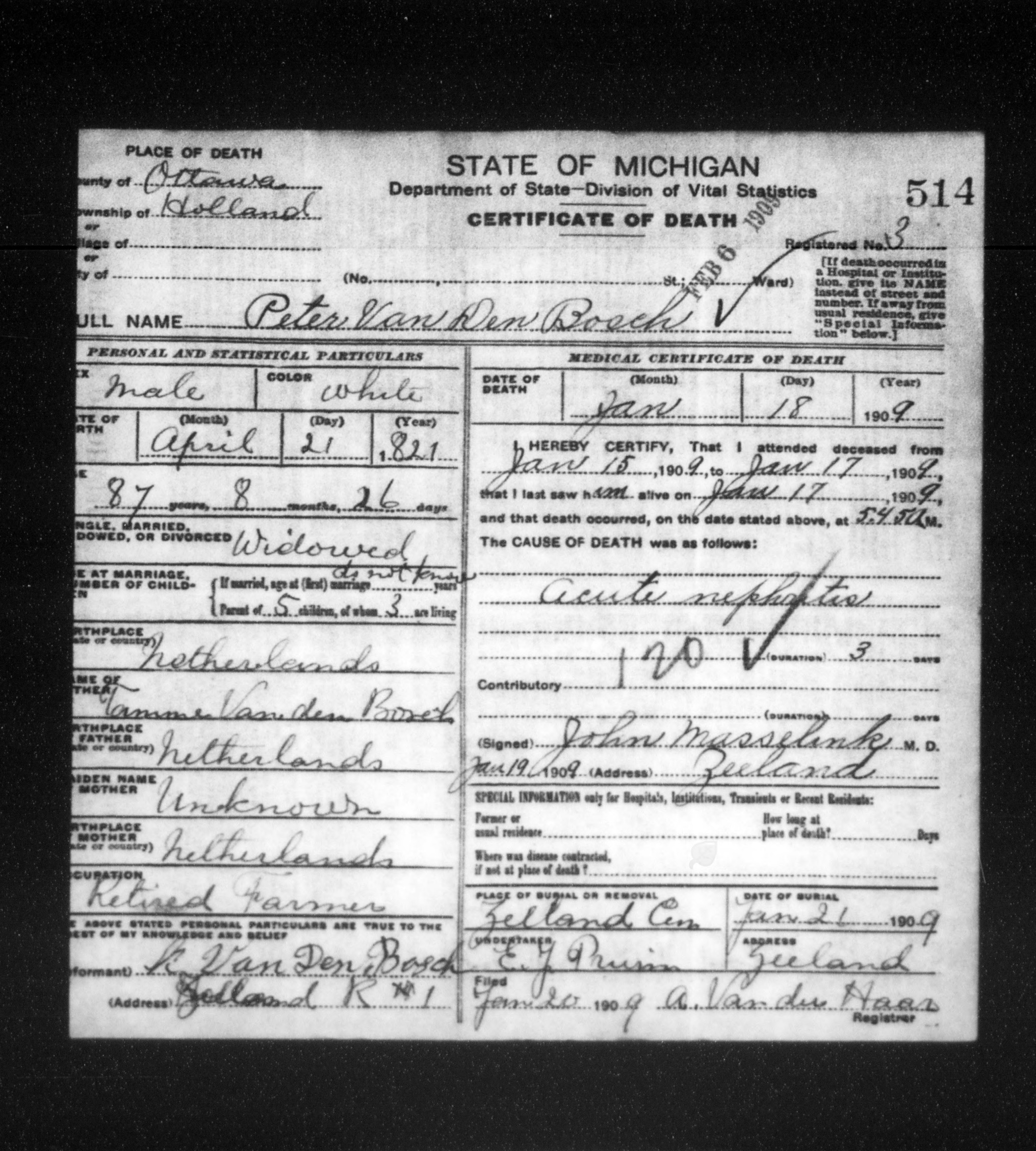 Michigan death certificate of Peter Van Den Bosch, Holland Township/Zeeland, Ottawa County, 1909