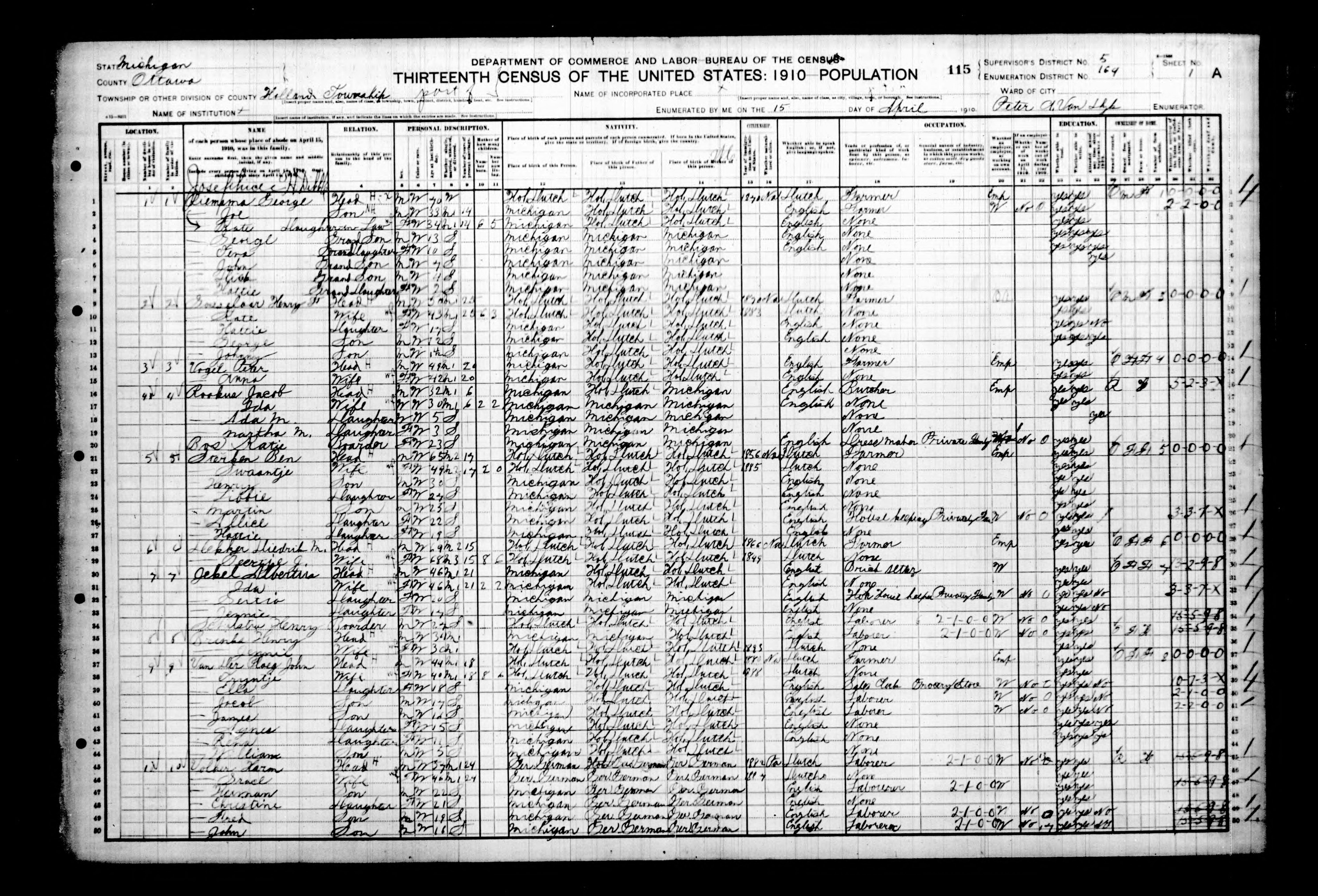 1910 census sheet 1A, Holland Twp ED 164 (Rookus, Bos and other households)