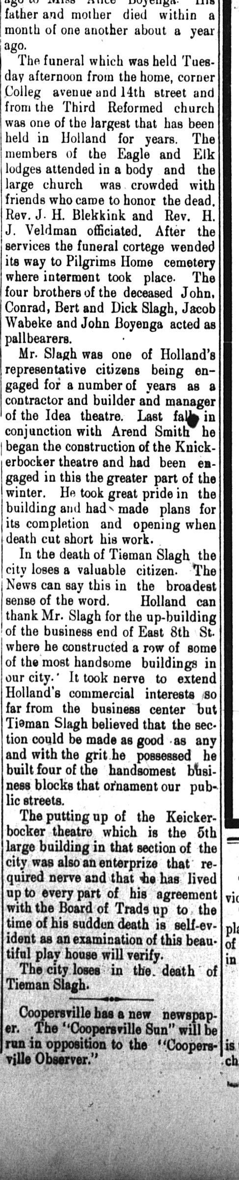 Holland City News obituary clipping, Tieman Slagh, contractor, Holland MI