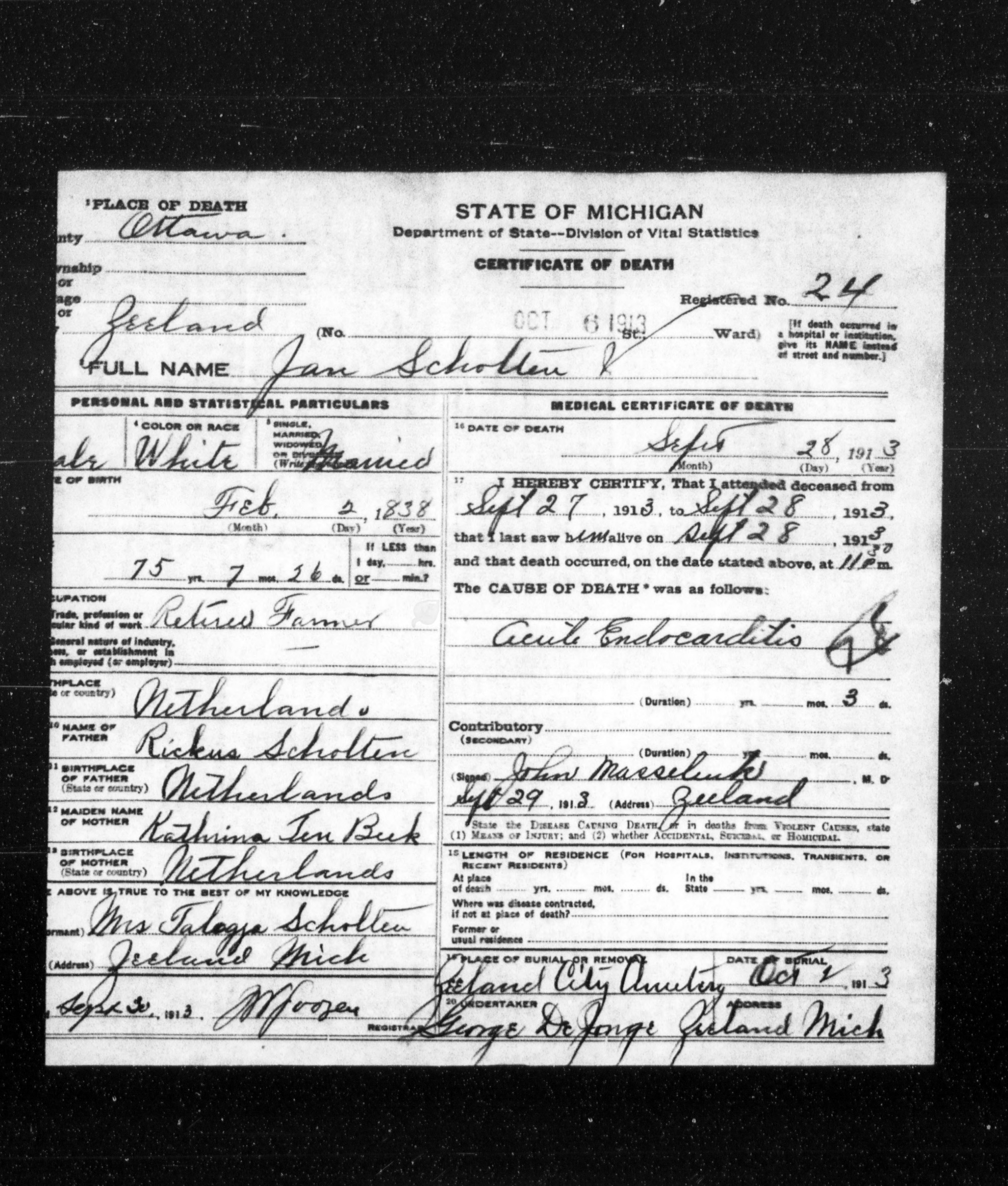 Michigan death certificate of Jan Riekus Scholten, Zeeland, Ottawa County, 1913