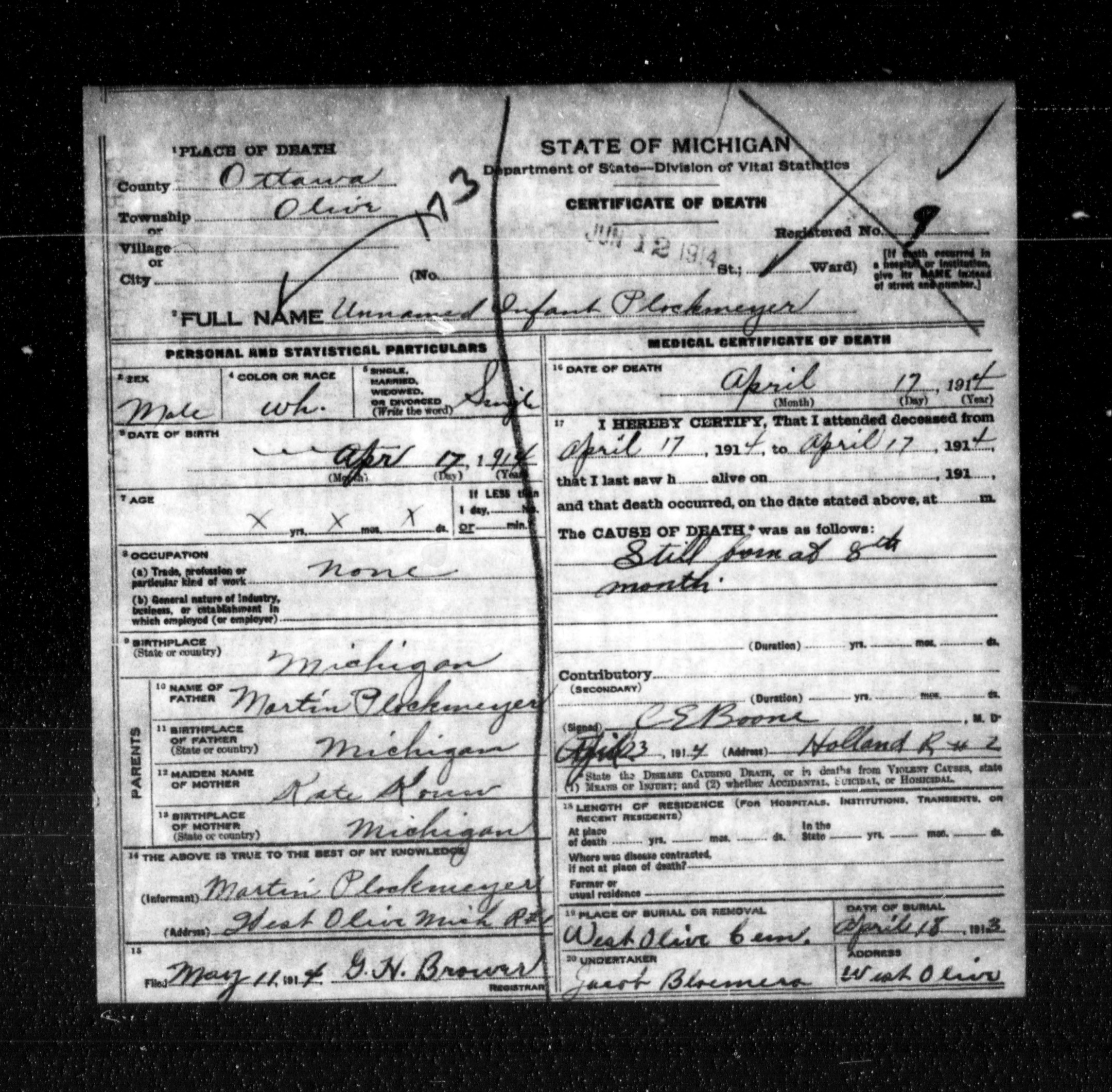 Michigan death certificate of an unnamed infant Plockmeyer (stillborn), Olive Township, Ottawa County, 1914