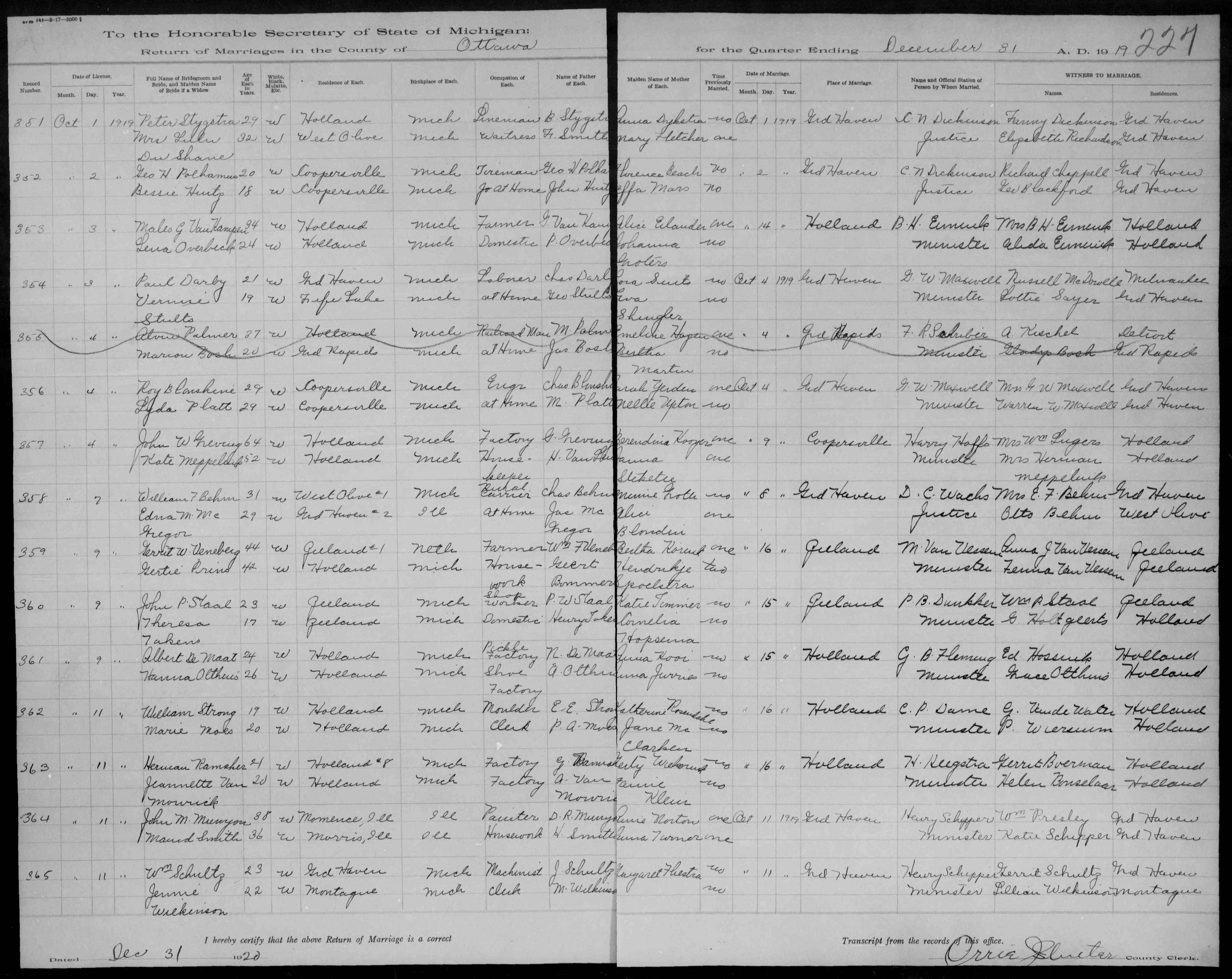 Ottawa County marriage return page 227, 1919, including John W. Greving and Kate Meppelink