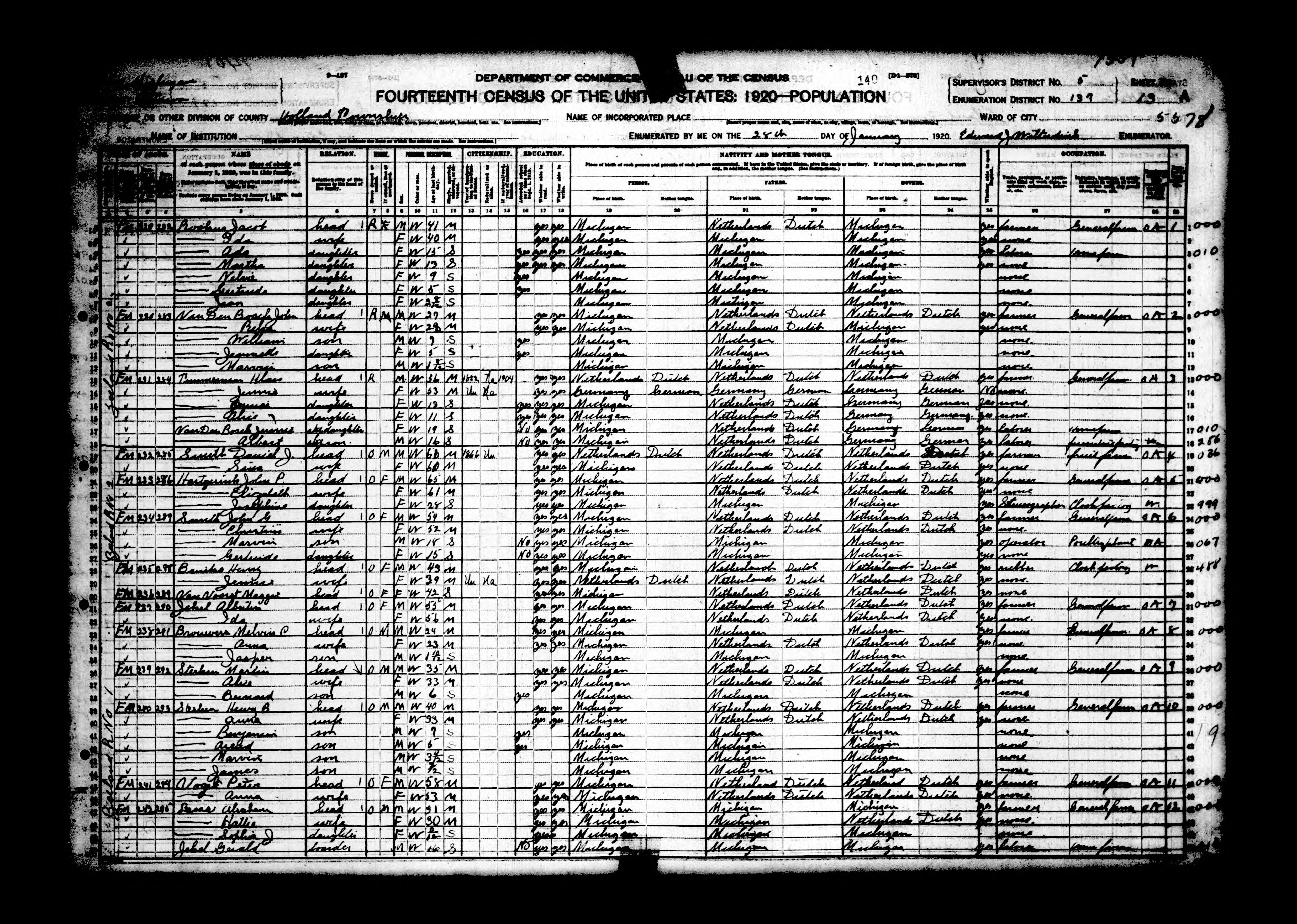 1920 census sheet 13A, Holland Twp (Rookus, Bos and other households)