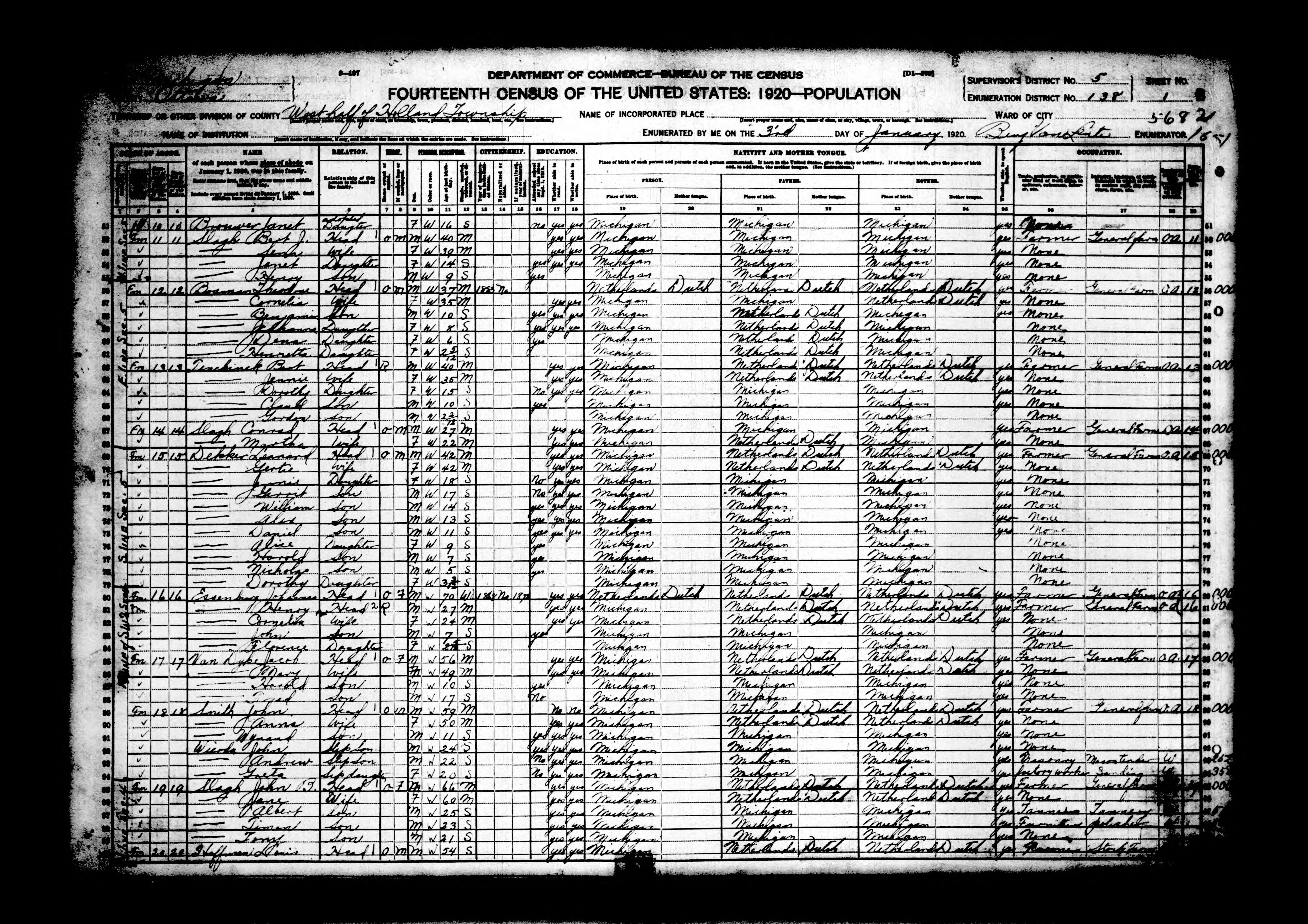 1920 census sheet 1B, West half Holland Twp (Slag, Bouwer and other households)