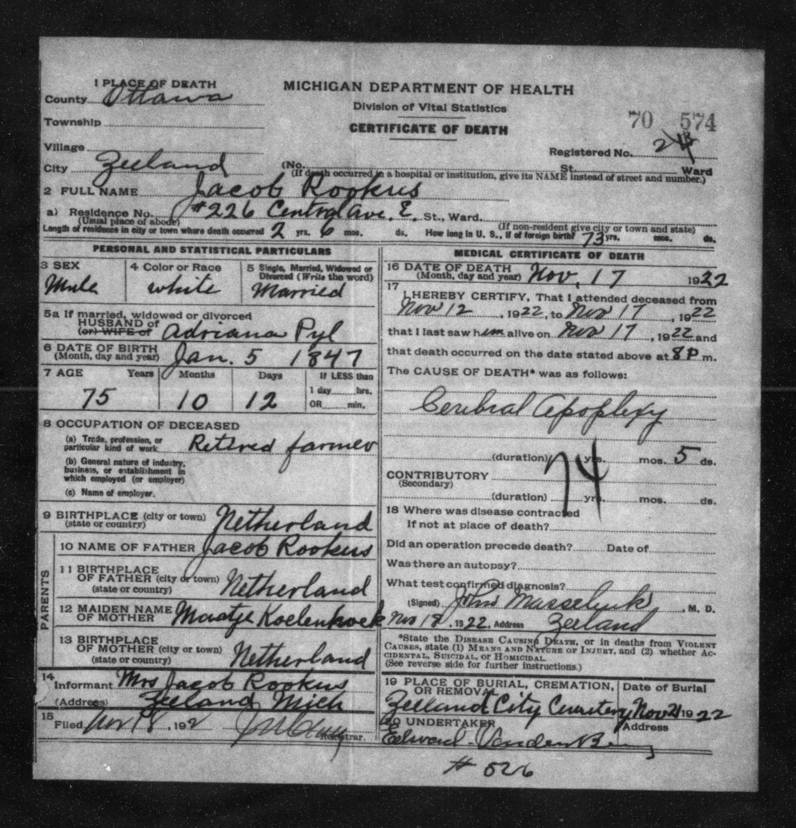Michigan death certificate of Jacob Rookus, Zeeland, Ottawa County, 1922