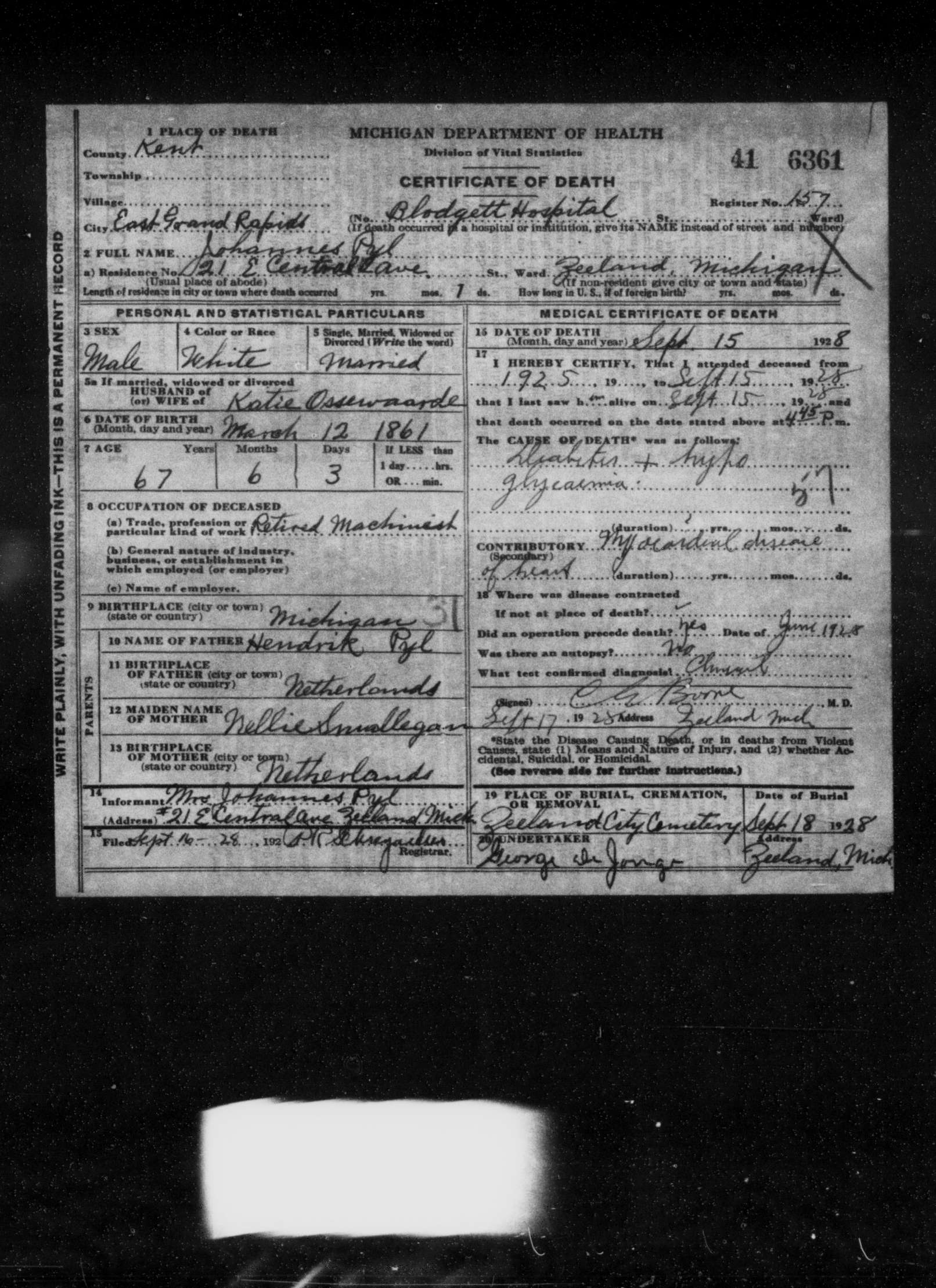 Michigan death certificate of Johannes Pyl, East Grand Rapids/Zeeland, Kent County, 1928