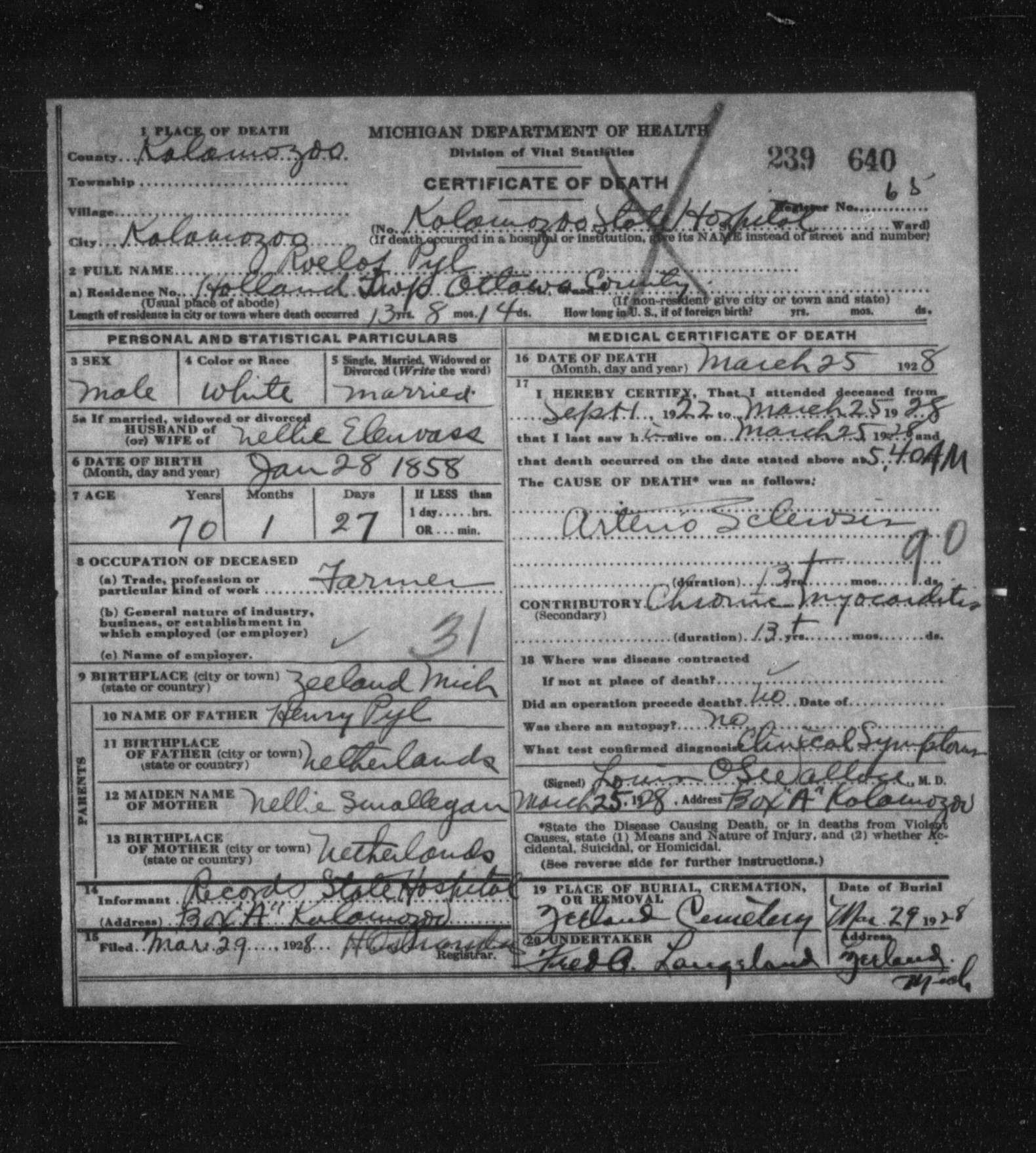 Michigan death certificate of Roelof Pyl, Kalamazoo State Hospital, Holland, Ottawa County, 1928