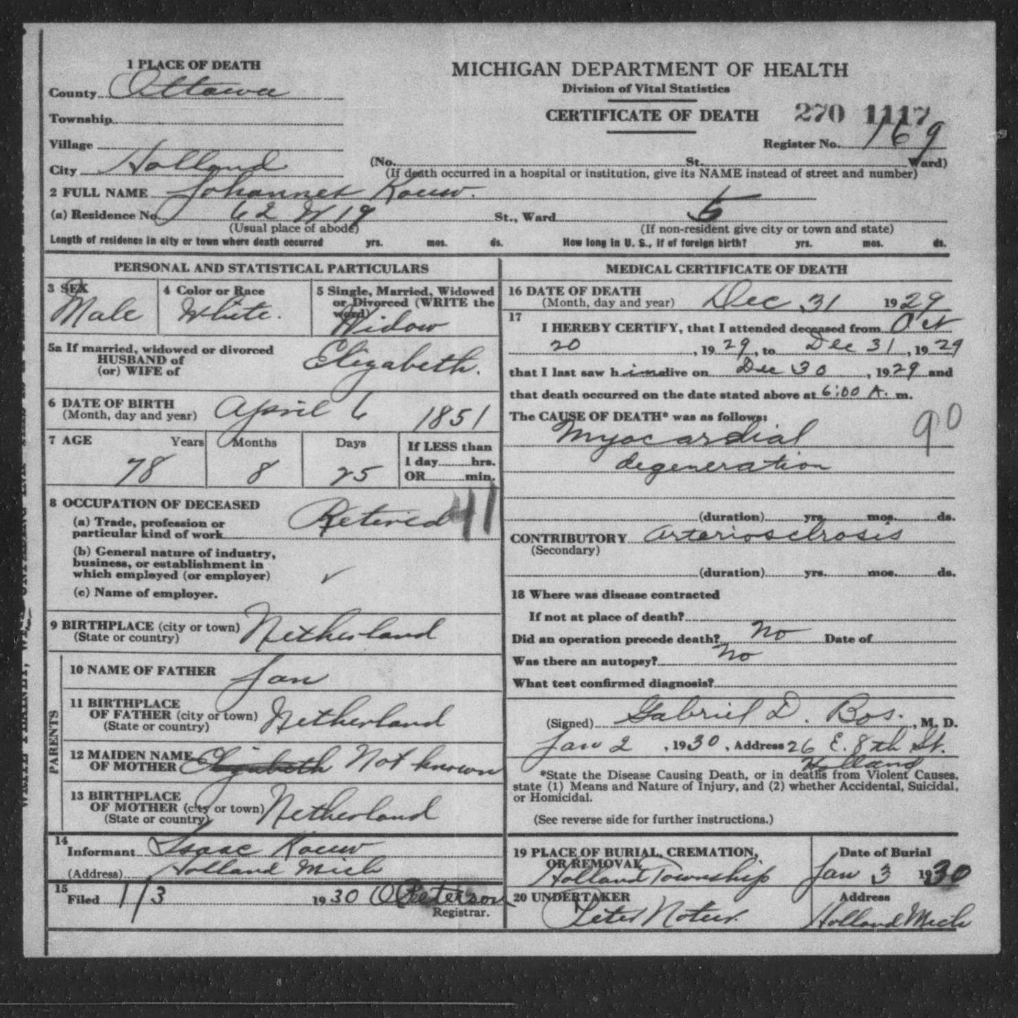 Michigan death certificate of Johannes Kouw, Holland, Ottawa County