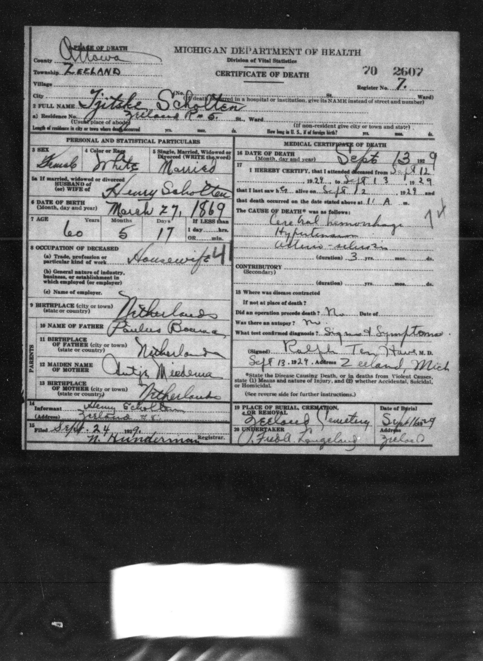 Michigan death certificate of Tjitske Scholten, Zeeland Township, Ottawa County, 1929