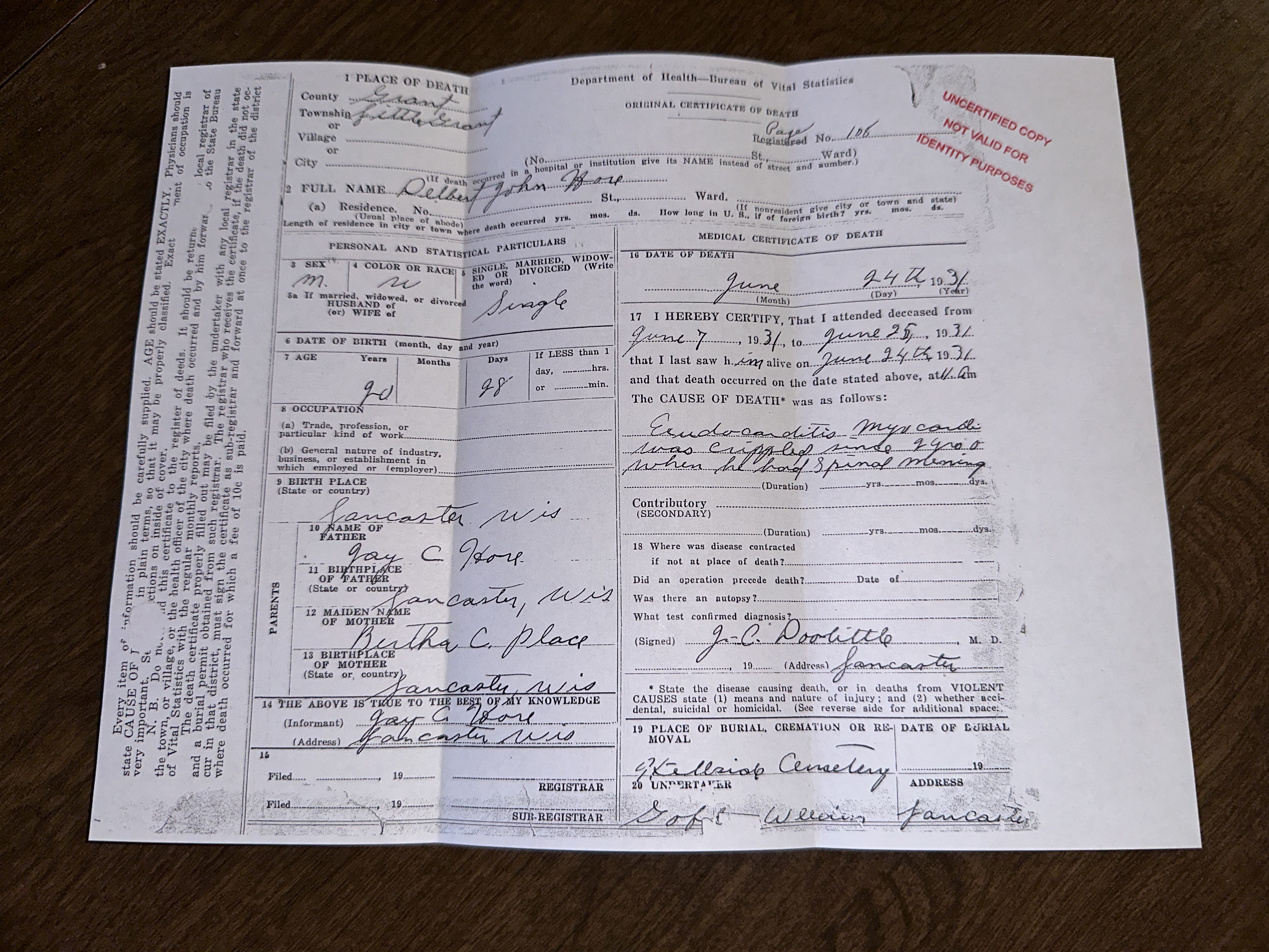 Wisconsin death certificate, Little Grant, Grant County, 1931 (JPEG copy of a photo)