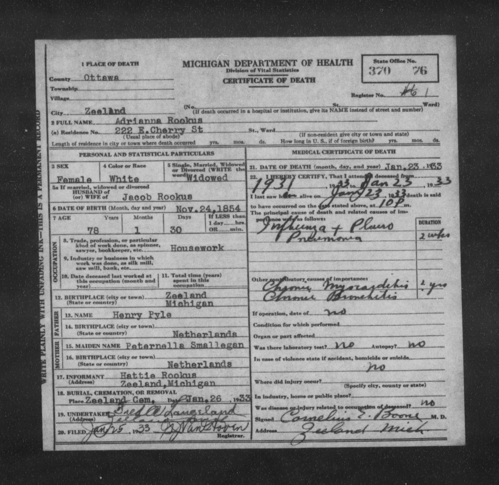 Michigan death certificate of Adrianna Rookus, Zeeland, Ottawa County