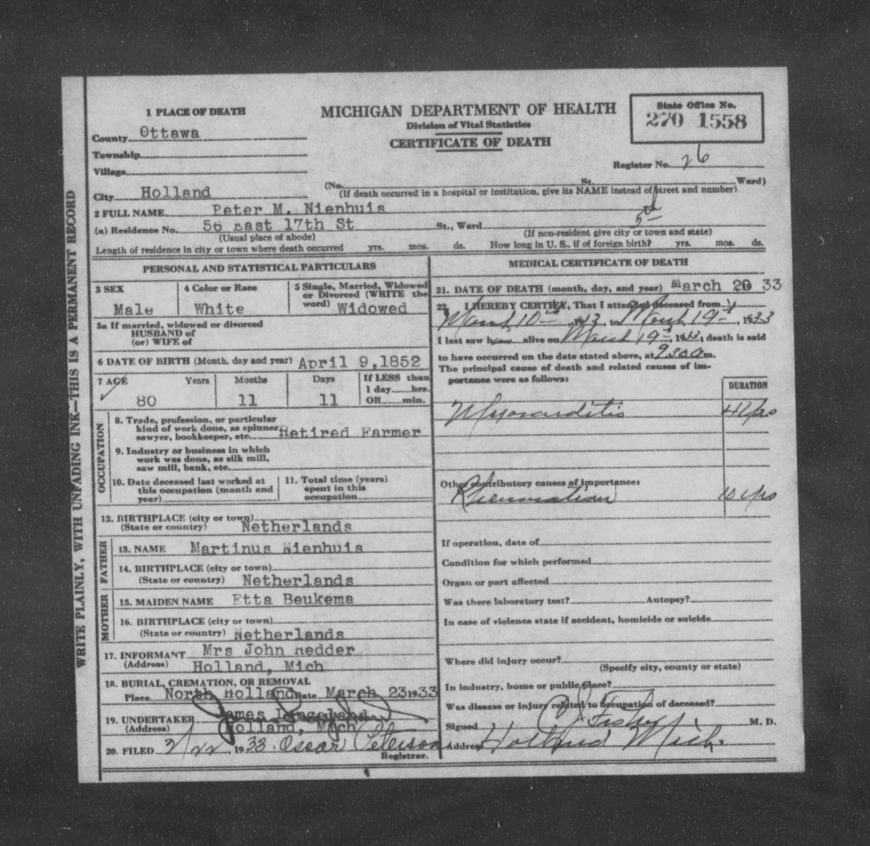 Michigan death certificate of Peter M. Nienhuis, Holland, Ottawa County