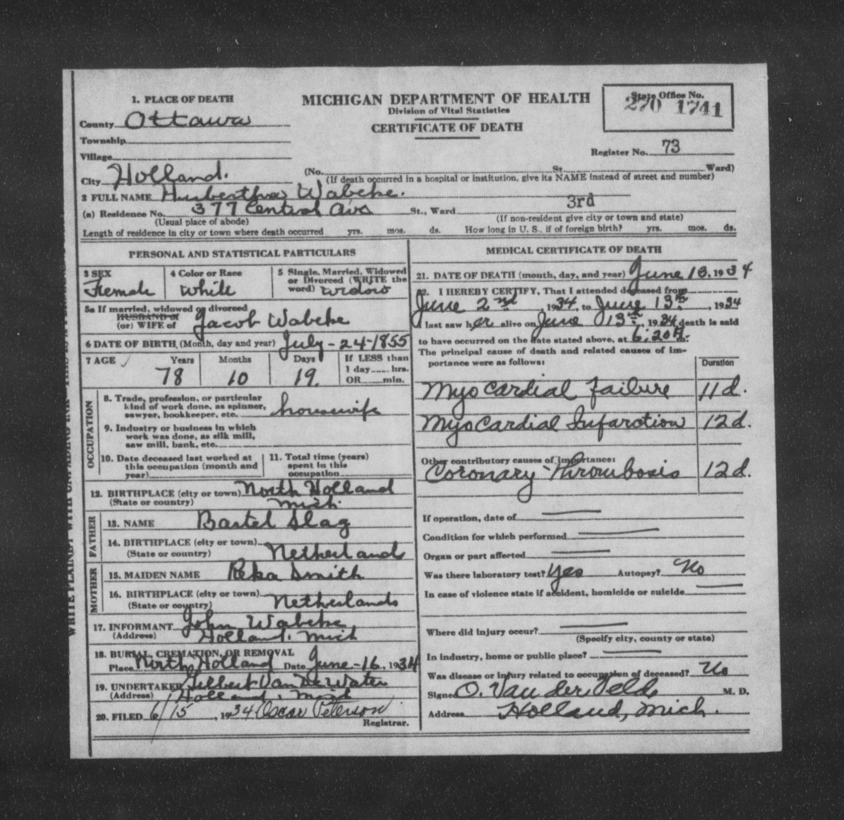 Michigan death certificate of Hubertha Wabeke, Holland, Ottawa County