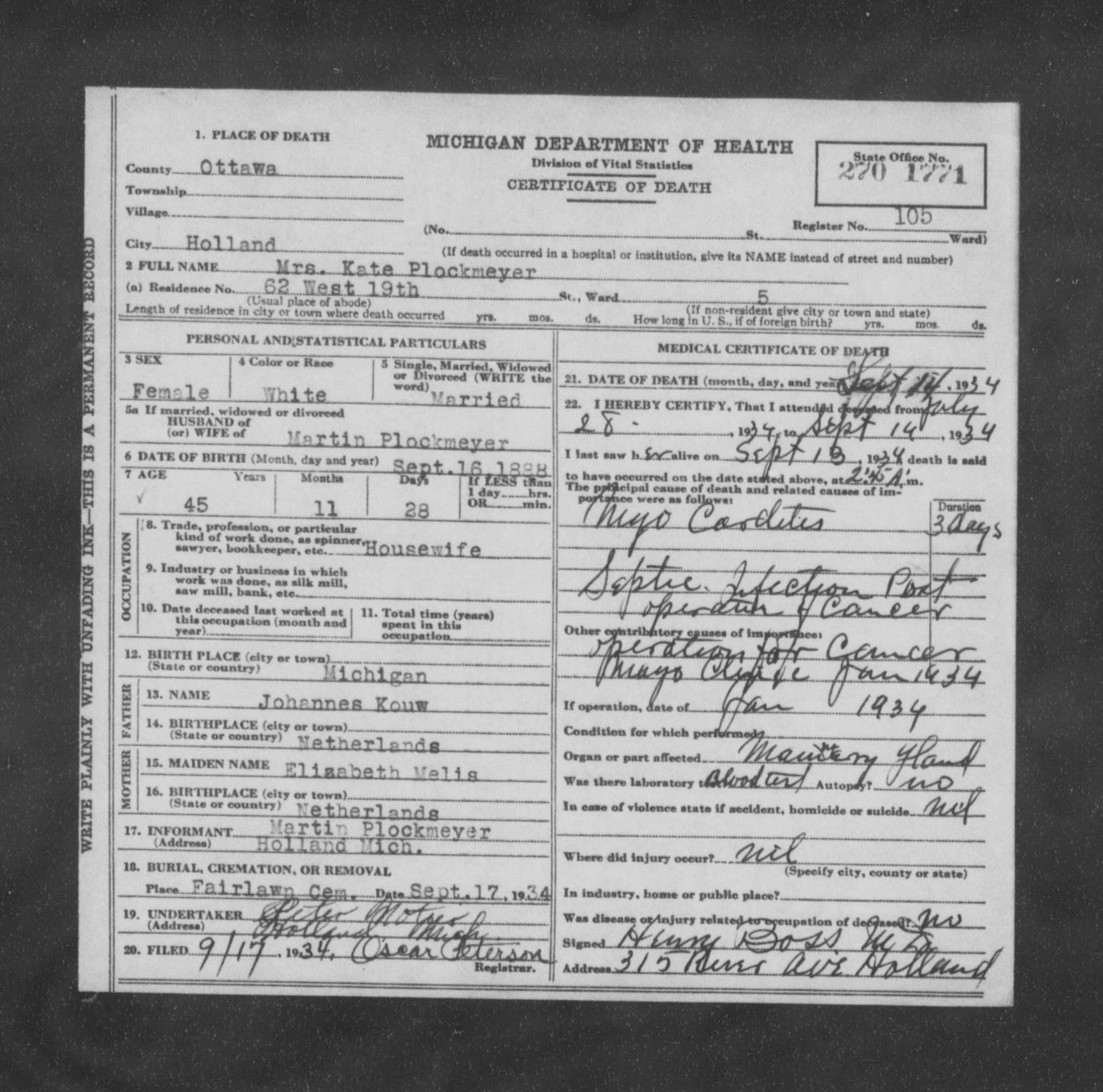 Michigan death certificate of Kate Plockmeyer, Holland, Ottawa County