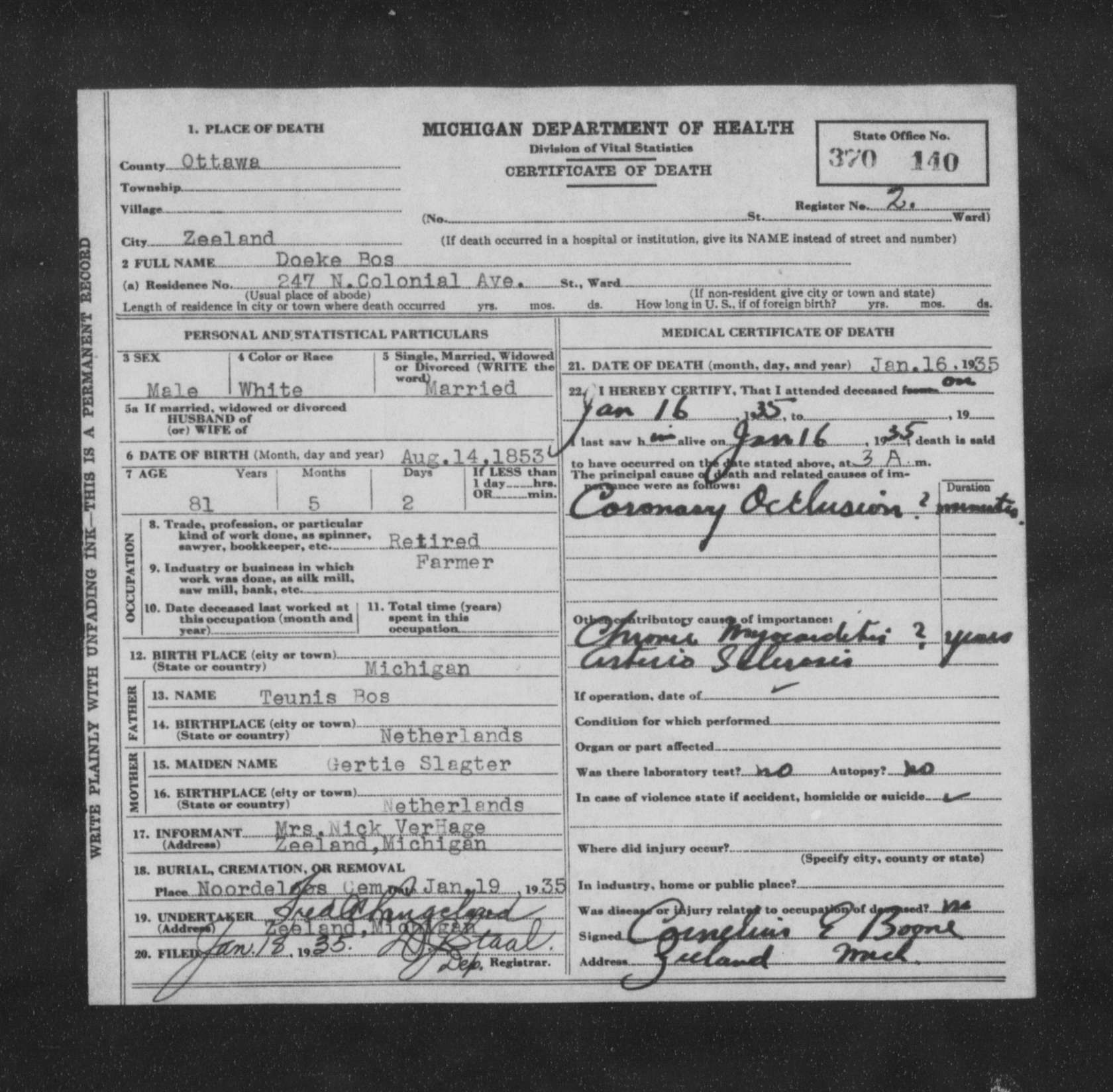 Michigan death certificate of Doeke Bos, Zeeland, Ottawa County