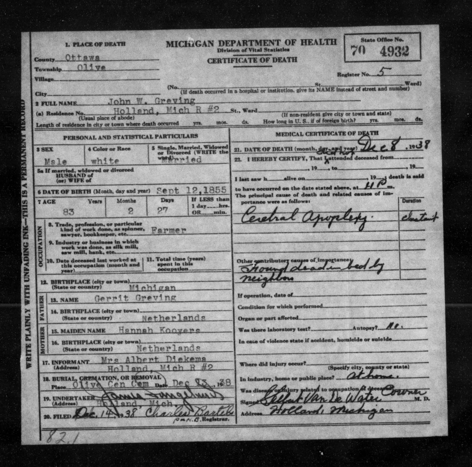 Michigan death certificate, John W. Greving, Olive Township, died 8 Dec 1938