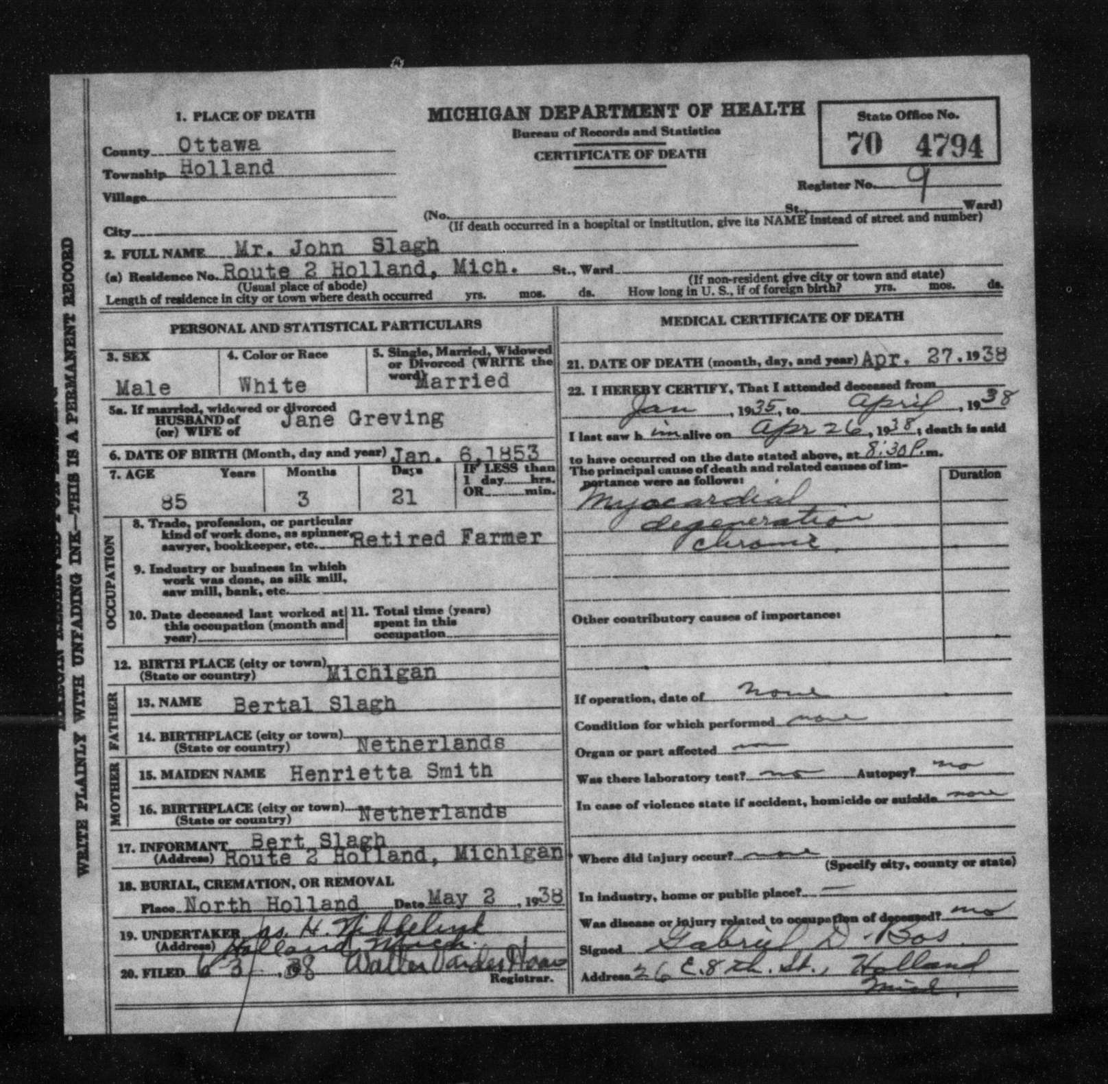 Michigan death certificate of John Slagh, Holland Township, Ottawa County