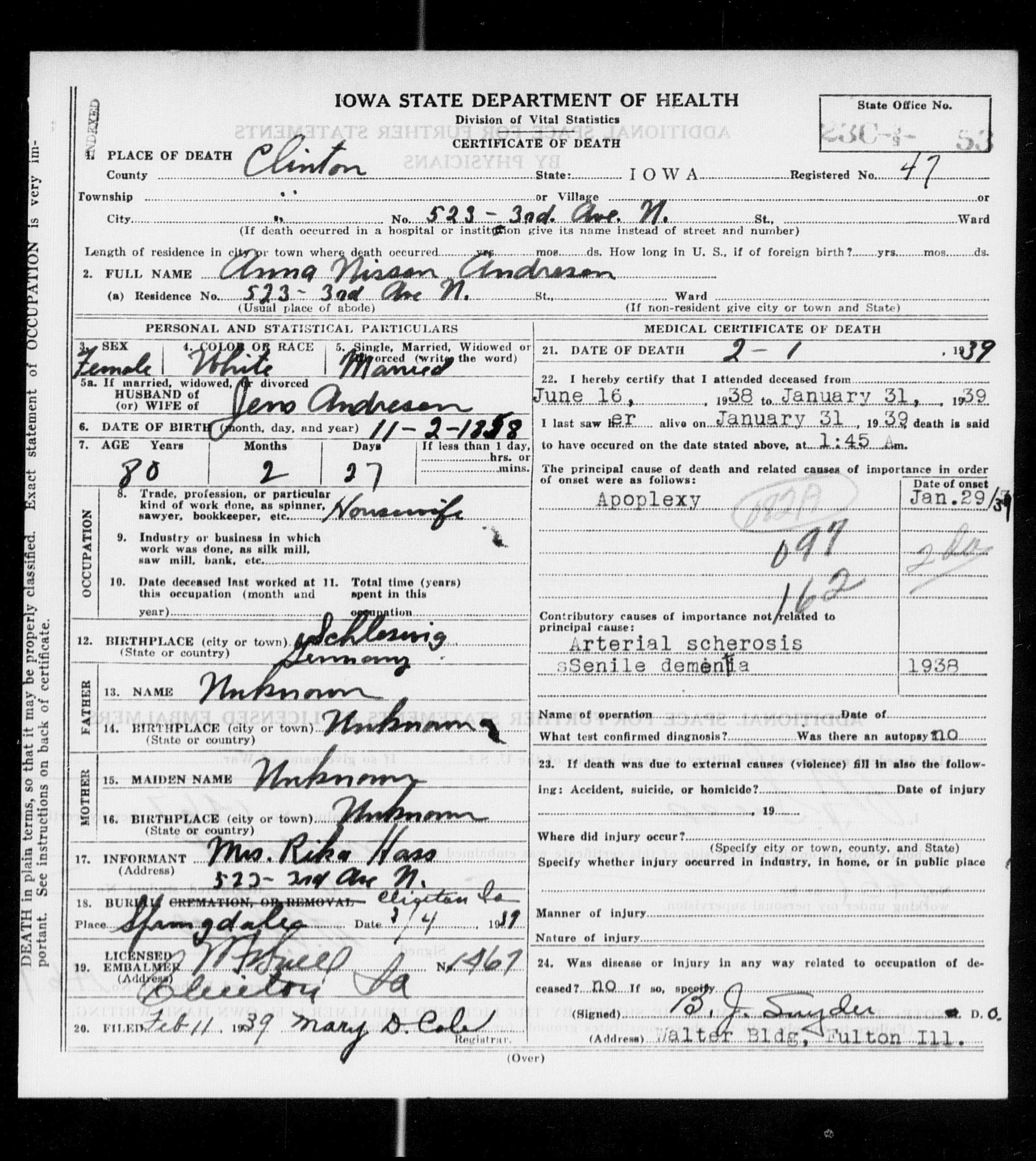 Iowa certificate of death for Anna Nissen Andresen, Clinton IA, died 31 Jan 1939