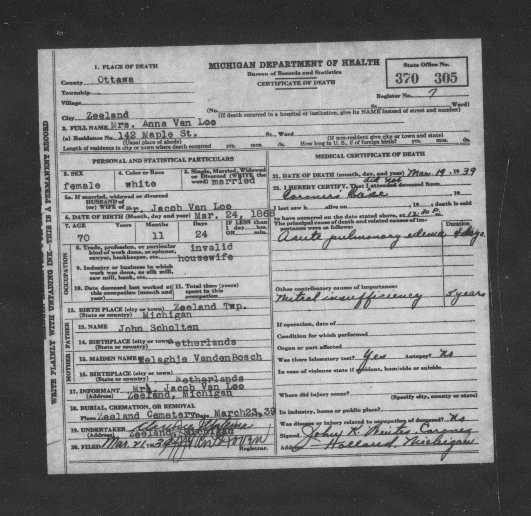 Michigan death certificate of Anna Van Loo, Zeeland, Ottawa County
