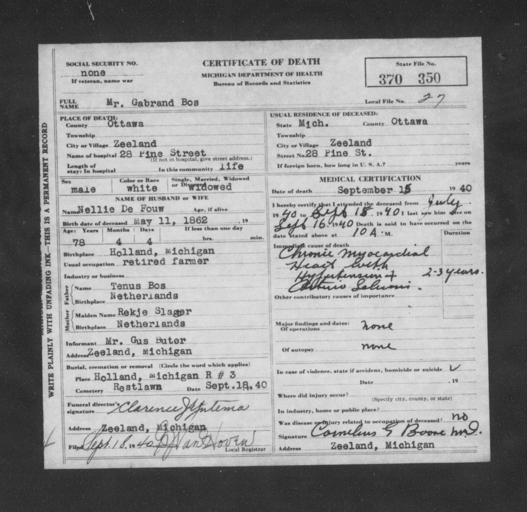 Michigan death certificate of Gabrand Bos, Zeeland, Ottawa County