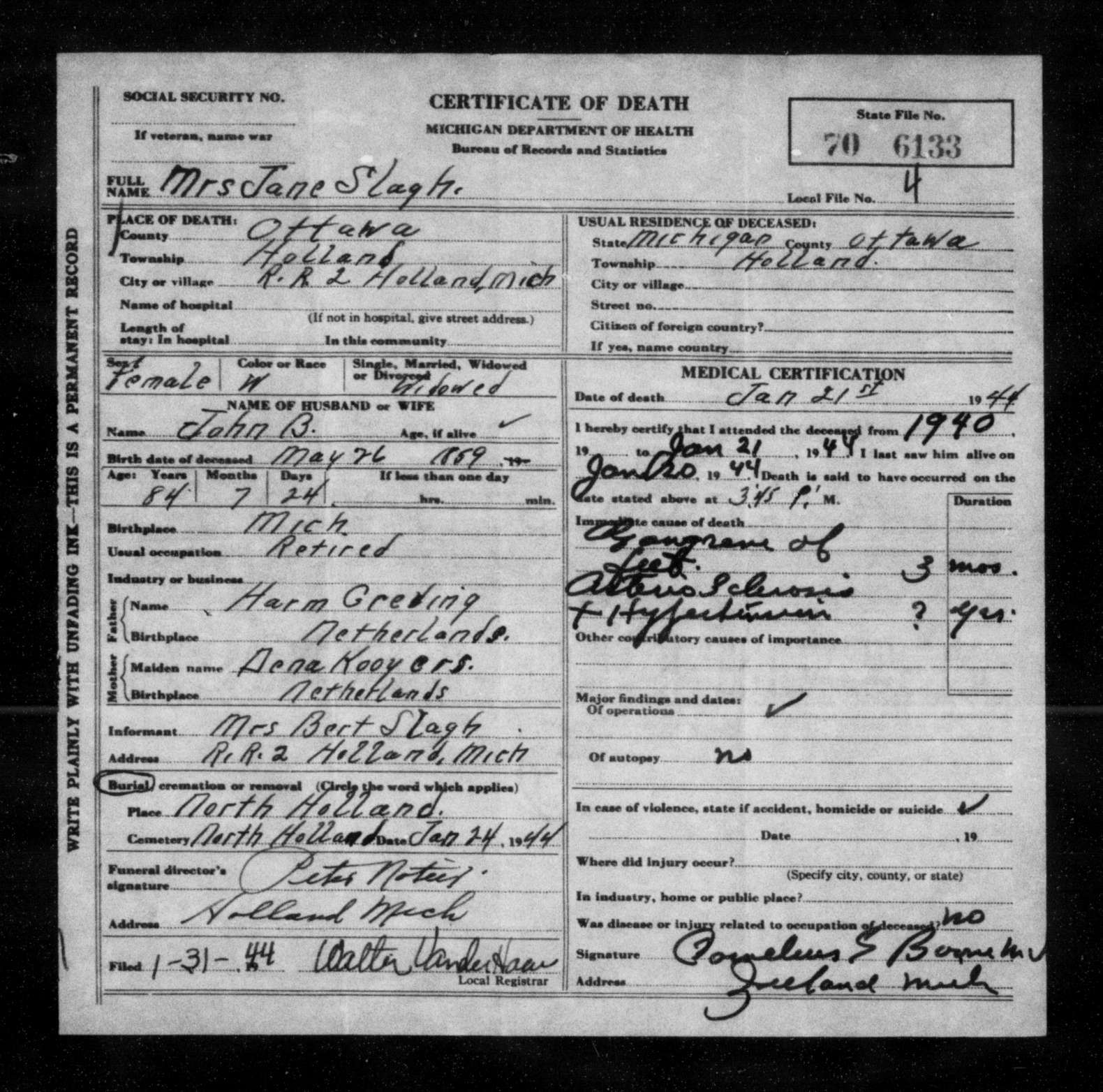 Michigan death certificate of Jane Slagh, Holland Township, Ottawa County