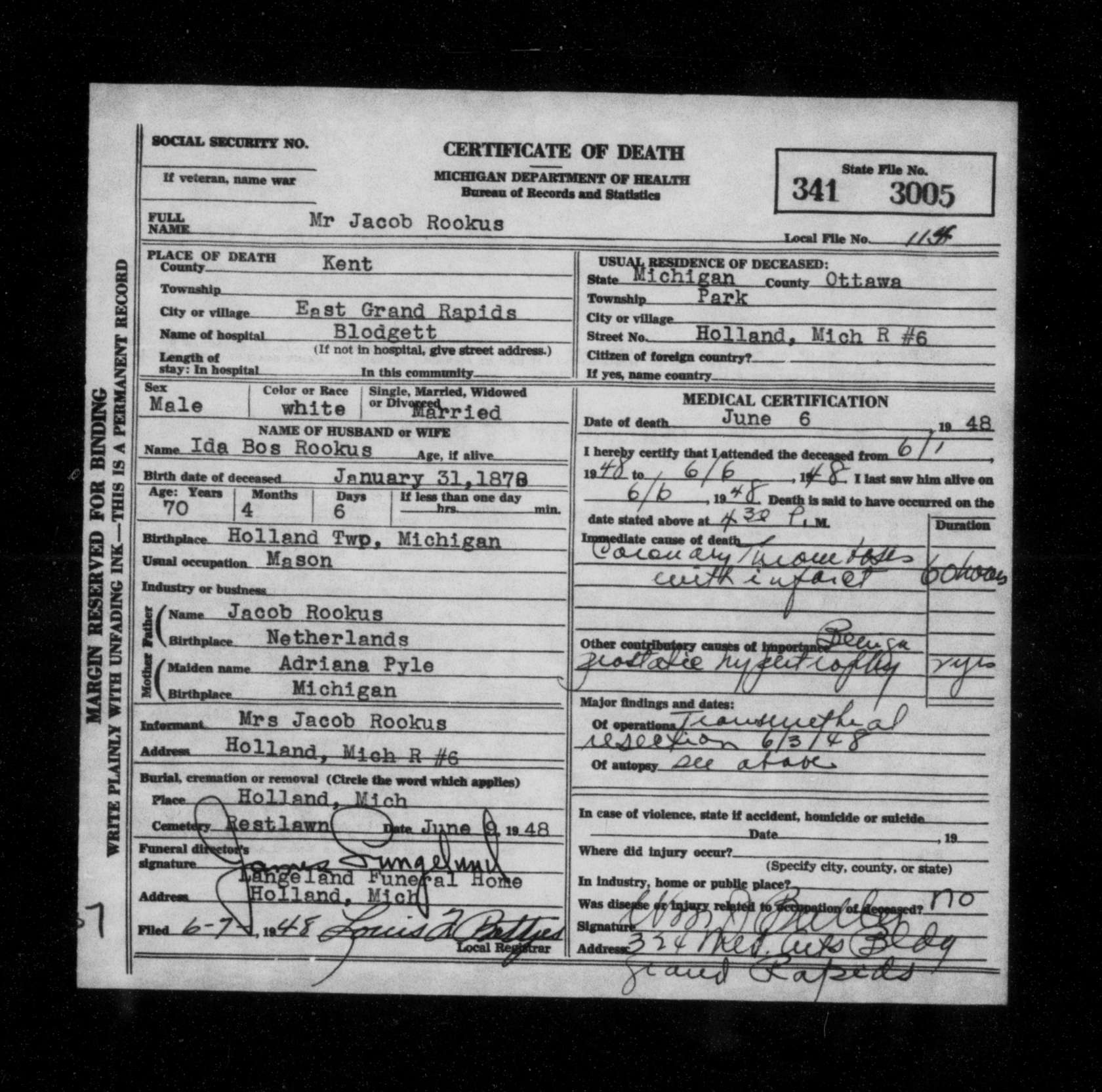 Michigan death certificate of Jacob Rookus, East Grand Rapids, Kent County